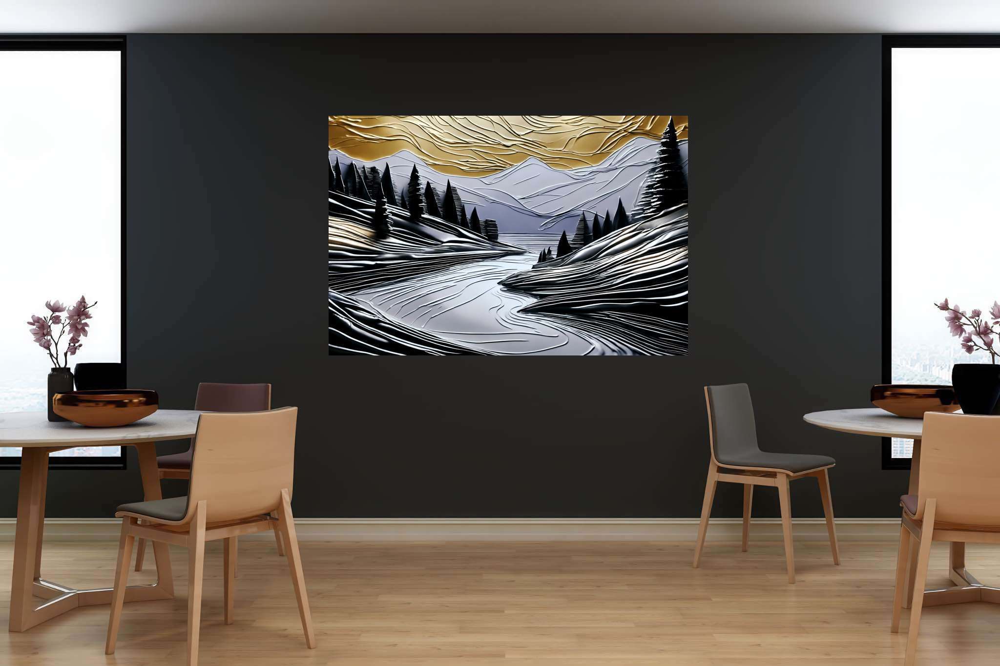 Serenade of dusk and peaks: Nature landscape art with nature-themed art, in a room with elegant layout, framed art, and home furnishings. The art can be printed on poster, framed poster, canvas, metal, acrylic or wood, exclusively at WallArtZen. Find this exact print at https://wallartzen.com/waz44