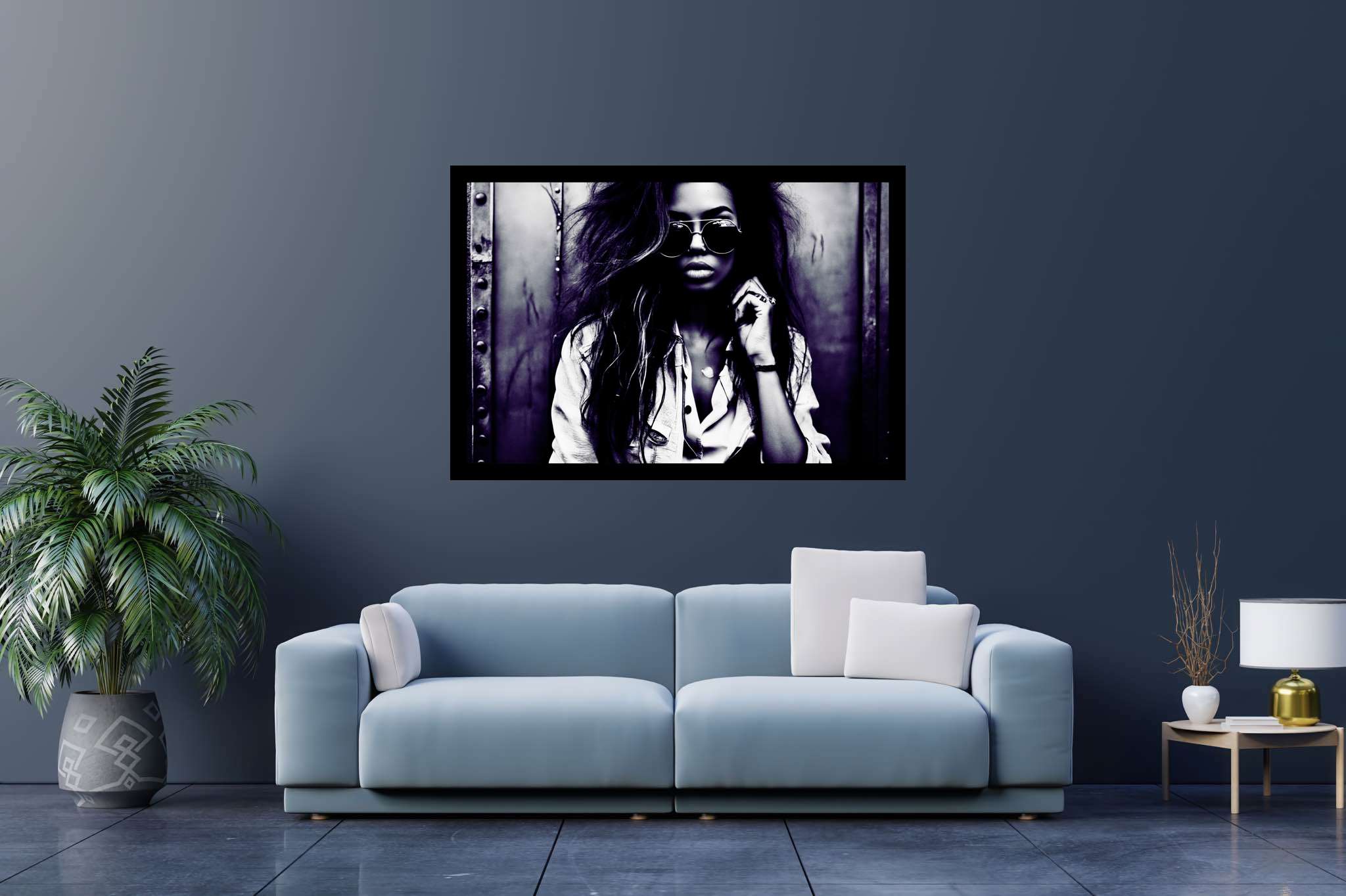 Silhouetted riddles in monochrome: Sunglasses art with artistic eyepieces, in a room with contemporary flair, digital art pieces, and trendy home accents. The art can be printed on poster, framed poster, canvas, metal, acrylic or wood, exclusively at WallArtZen. Find this exact print at https://wallartzen.com/waz45