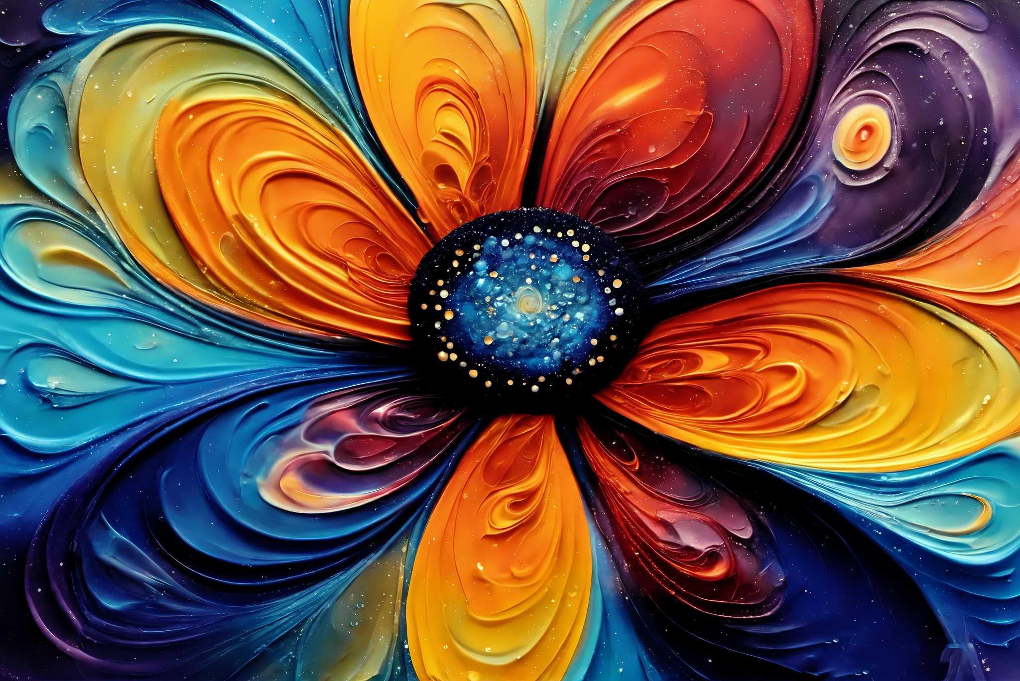Bloom vortex serenade: Vibrant flower art with vibrant flower sculptures, in a room with innovative layout, photographic wall art, and home furnishings. The art can be printed on poster, framed poster, canvas, metal, acrylic or wood, exclusively at WallArtZen. Find this exact print at https://wallartzen.com/waz46