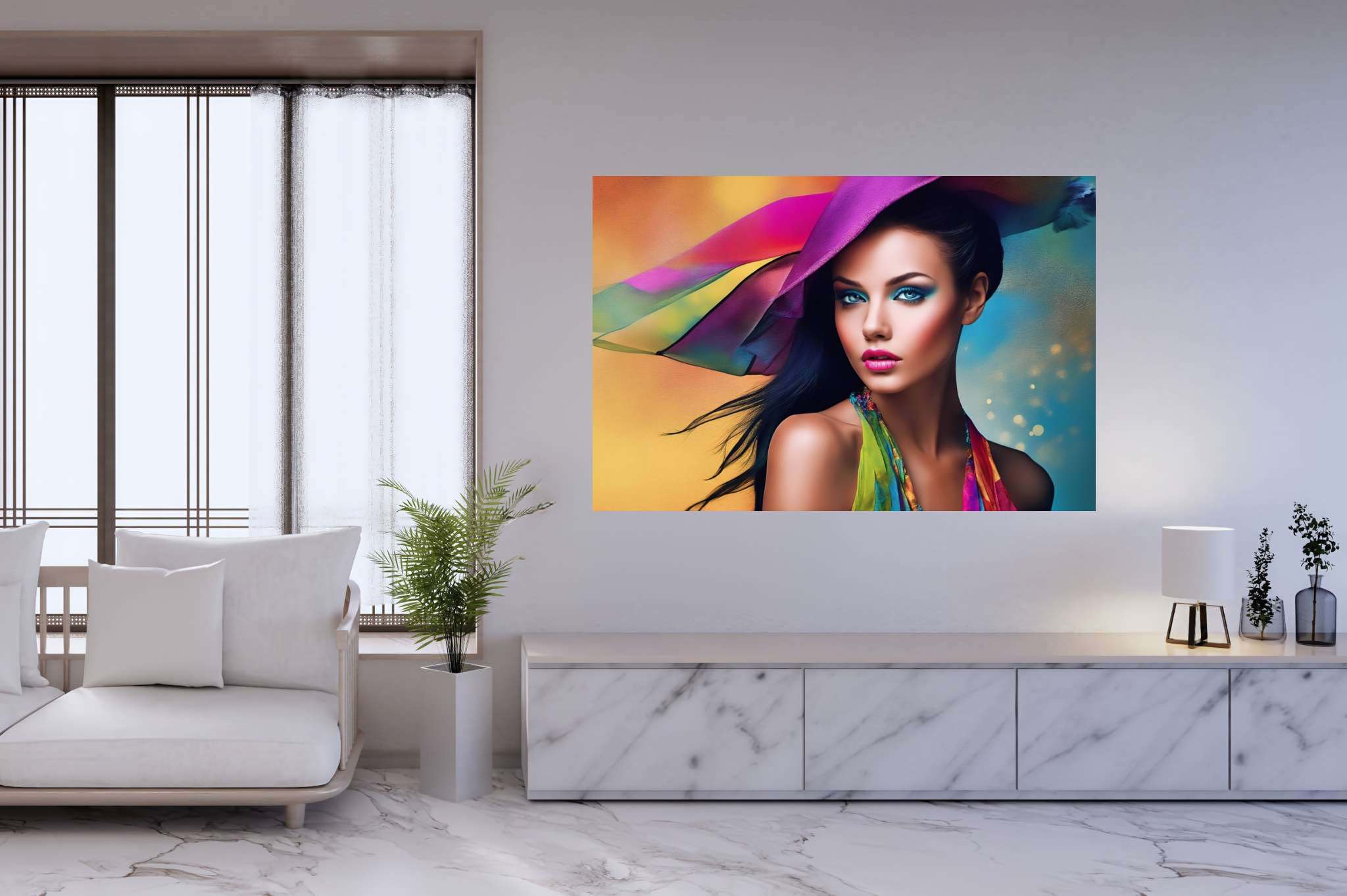 Spectrum in silhouette: Colorful hat art with vibrant hat design, in a room with great design, wall hangings, and elegant home goods. The art can be printed on poster, framed poster, canvas, metal, acrylic or wood, exclusively at WallArtZen. Find this exact print at https://wallartzen.com/waz47