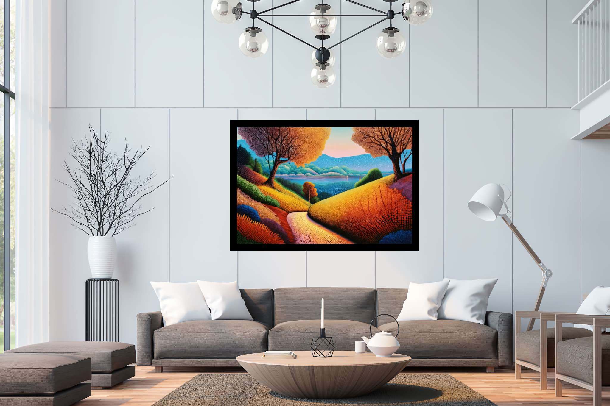 Twilight's embrace: nature's ballet: Vibrant landscape art with vibrant landscape art, in a room with artistic style, photographic wall art, and decorative pieces. The art can be printed on poster, framed poster, canvas, metal, acrylic or wood, exclusively at WallArtZen. Find this exact print at https://wallartzen.com/waz48
