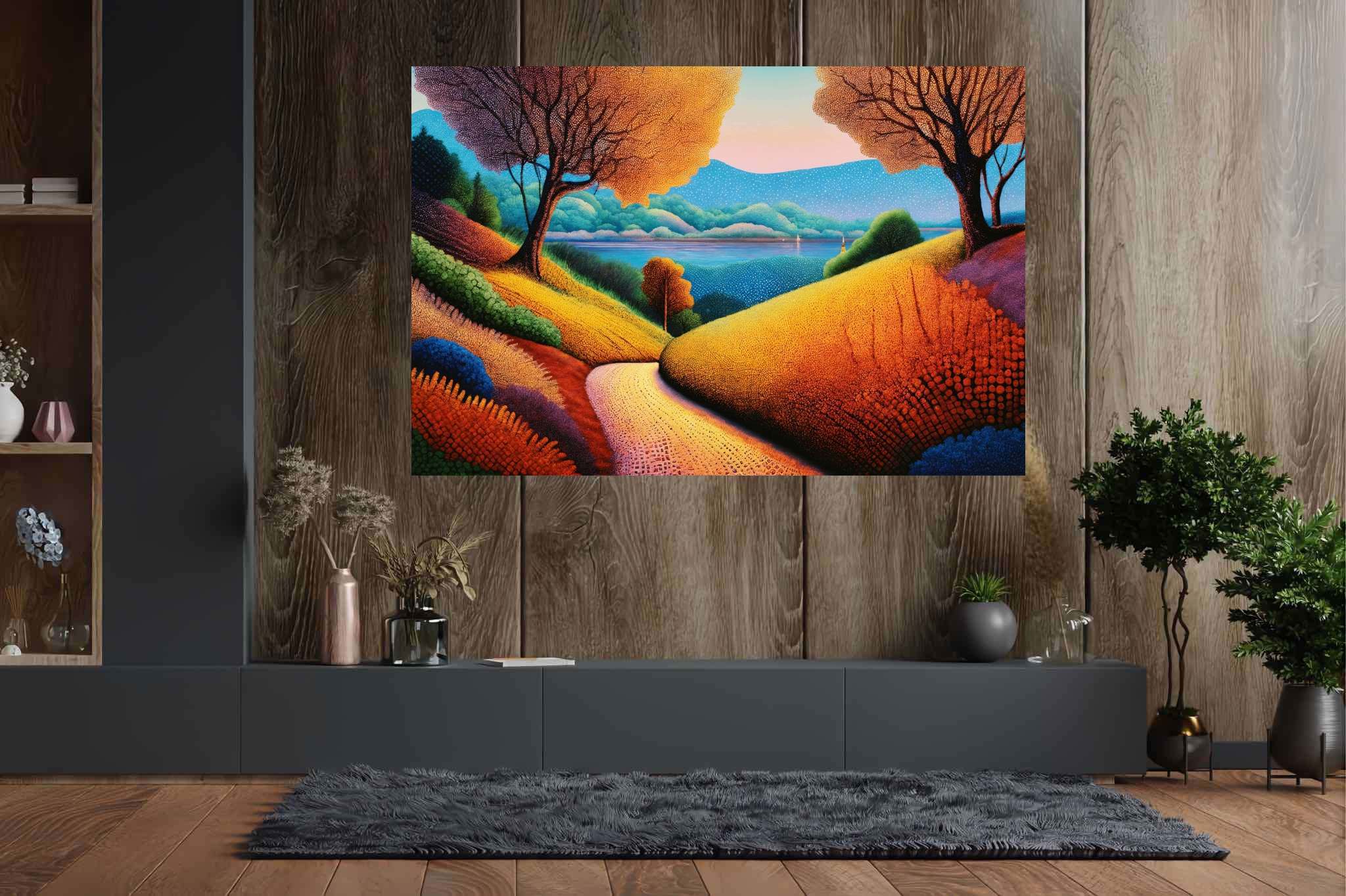 Twilight's embrace: nature's ballet: Vibrant landscape art with energetic landscape paintings, in a room with artistic style, abstract paintings, and decorative pieces. The art can be printed on poster, framed poster, canvas, metal, acrylic or wood, exclusively at WallArtZen. Find this exact print at https://wallartzen.com/waz48