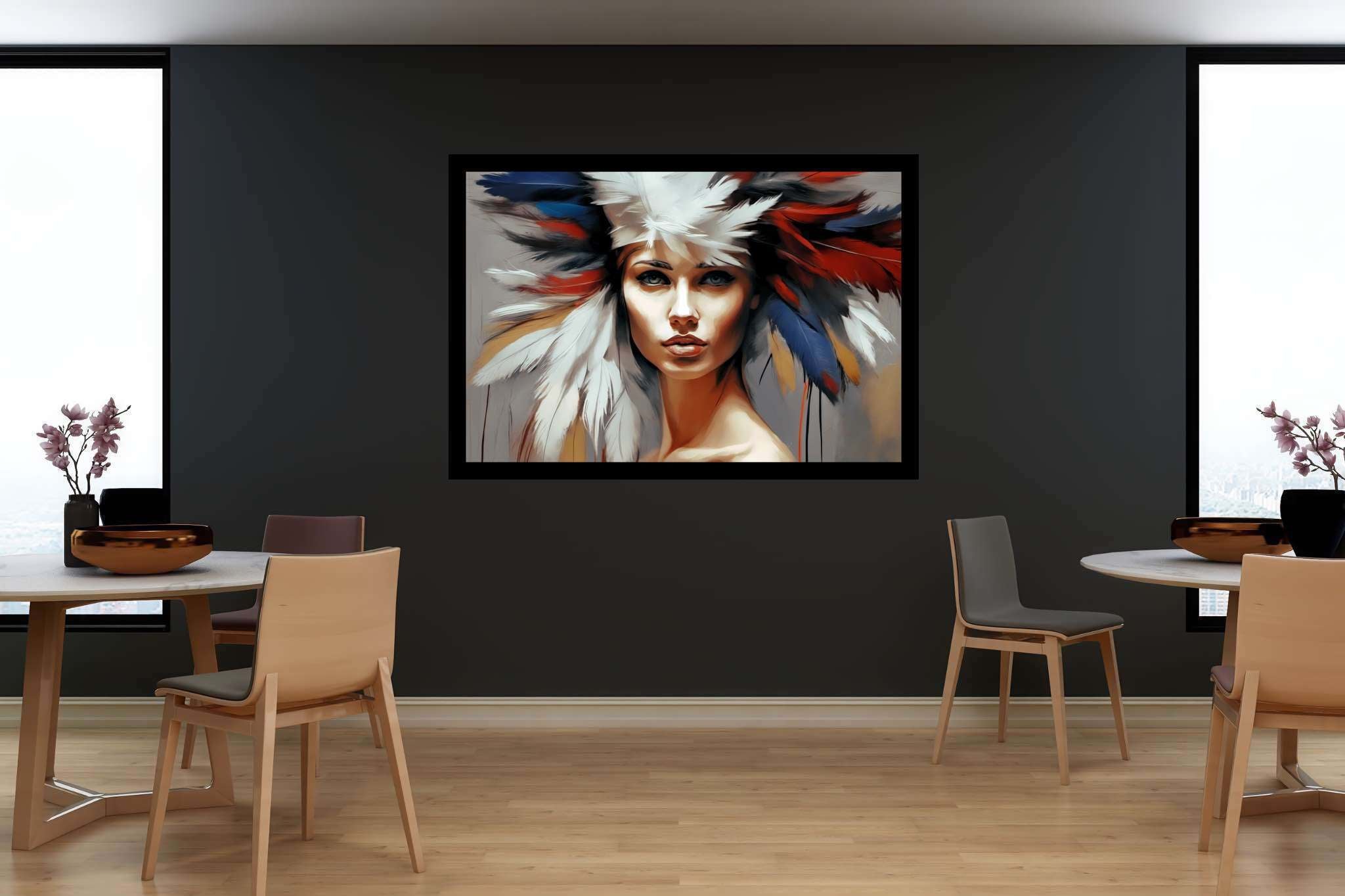 Soul gaze in feathered hue: Vibrant portrait art with expressive artwork, in a room with urban design, bespoke art designs, and trendy home accents. The art can be printed on poster, framed poster, canvas, metal, acrylic or wood, exclusively at WallArtZen. Find this exact print at https://wallartzen.com/waz49