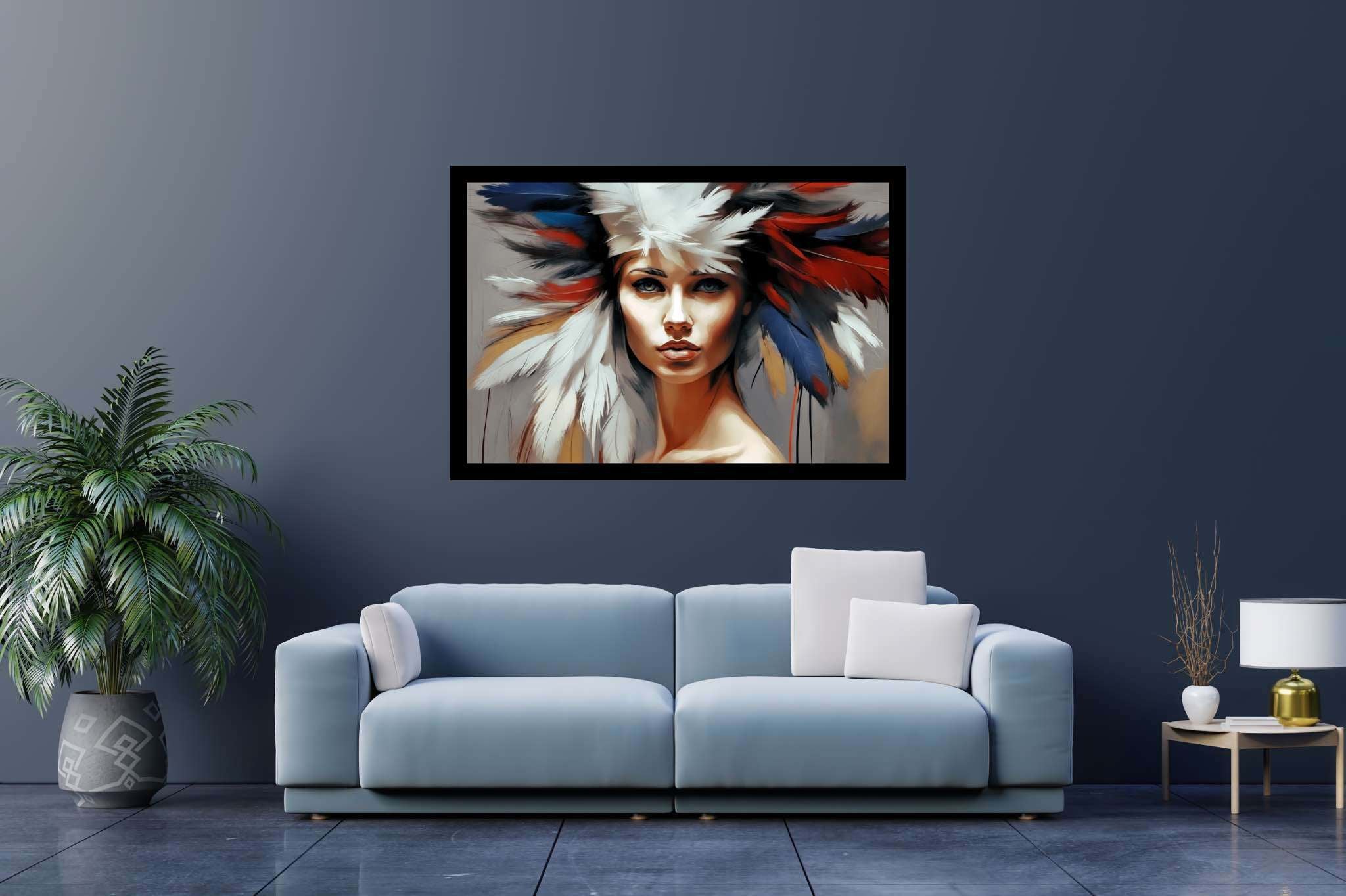 Soul gaze in feathered hue: Vibrant portrait art with vibrant brushstrokes, in a room with great design, wall hangings, and home styling items. The art can be printed on poster, framed poster, canvas, metal, acrylic or wood, exclusively at WallArtZen. Find this exact print at https://wallartzen.com/waz49