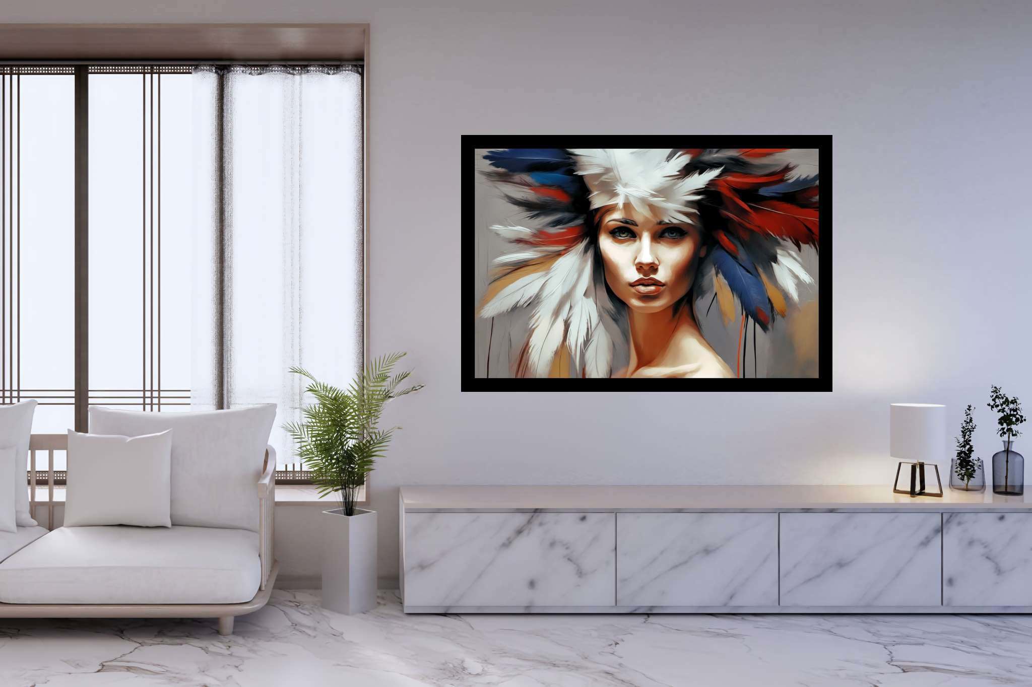 Soul gaze in feathered hue: Vibrant portrait art with energetic artwork, in a room with urban design, photographic wall art, and designer furniture. The art can be printed on poster, framed poster, canvas, metal, acrylic or wood, exclusively at WallArtZen. Find this exact print at https://wallartzen.com/waz49