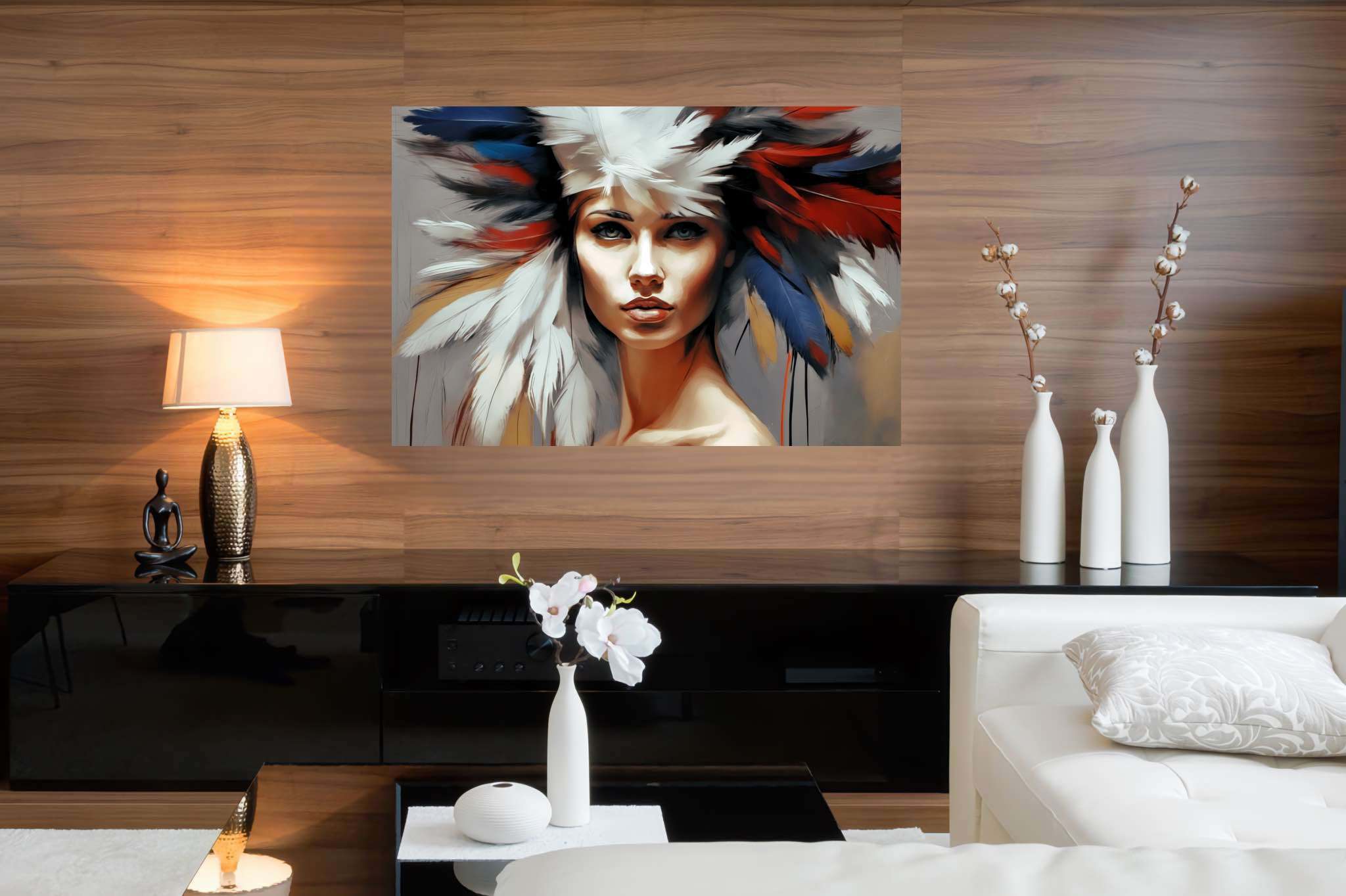 Soul gaze in feathered hue: Vibrant portrait art with colorful portraits, in a room with modern style, wall art, and home styling items. The art can be printed on poster, framed poster, canvas, metal, acrylic or wood, exclusively at WallArtZen. Find this exact print at https://wallartzen.com/waz49