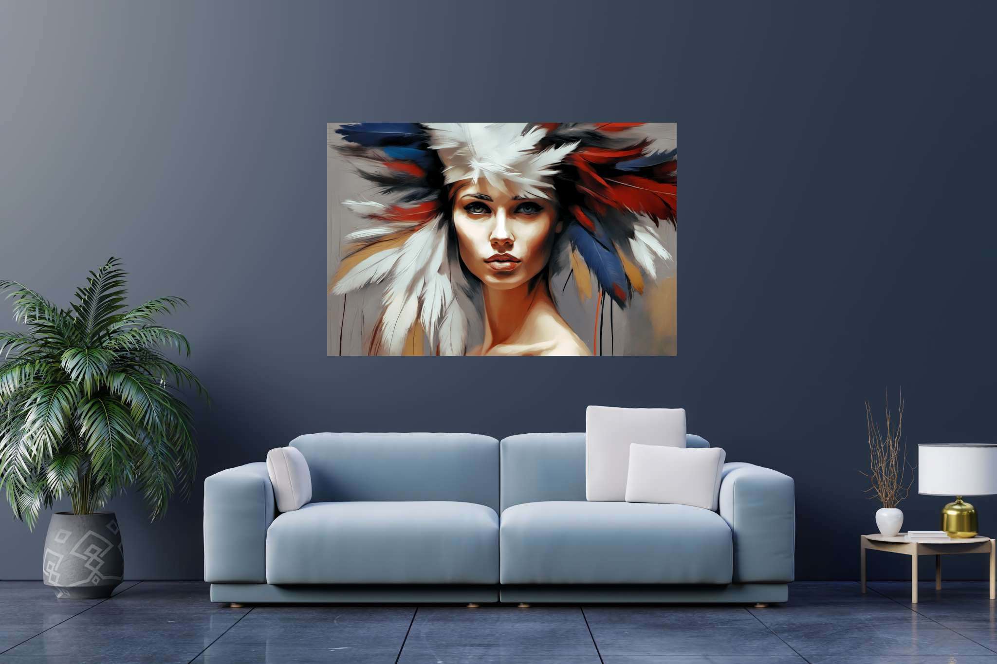 Soul gaze in feathered hue: Vibrant portrait art with vibrant colors, in a room with great design, fine art prints, and trendy home accents. The art can be printed on poster, framed poster, canvas, metal, acrylic or wood, exclusively at WallArtZen. Find this exact print at https://wallartzen.com/waz49