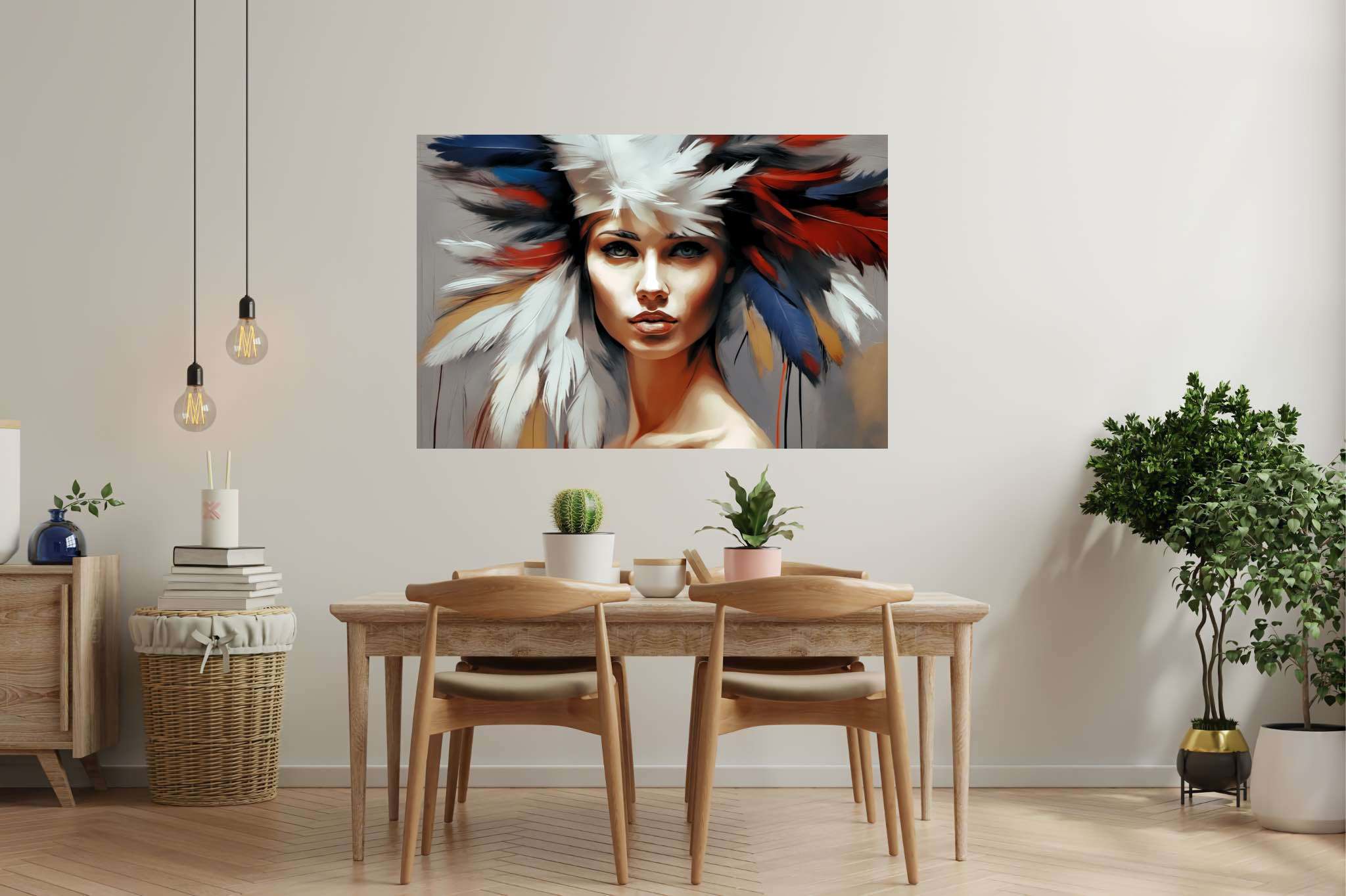 Soul gaze in feathered hue: Vibrant portrait art with bold portraits, in a room with classic elegance, framed art, and home styling items. The art can be printed on poster, framed poster, canvas, metal, acrylic or wood, exclusively at WallArtZen. Find this exact print at https://wallartzen.com/waz49