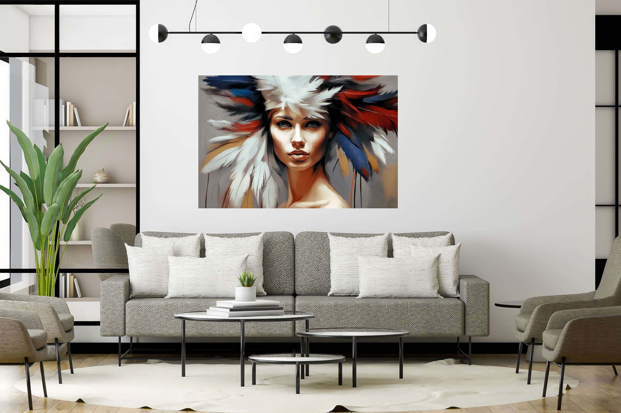 Soul gaze in feathered hue: Vibrant portrait art with dynamic art, in a room with elegant layout, wall hangings, and home styling items. The art can be printed on poster, framed poster, canvas, metal, acrylic or wood, exclusively at WallArtZen. Find this exact print at https://wallartzen.com/waz49