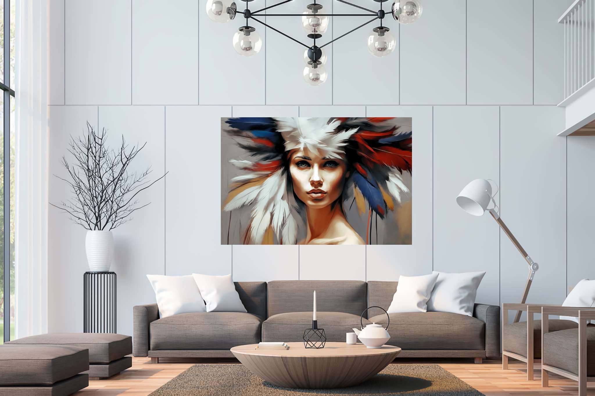 Soul gaze in feathered hue: Vibrant portrait art with vibrant portrait art, in a room with minimalist approach, canvas prints, and home furnishings. The art can be printed on poster, framed poster, canvas, metal, acrylic or wood, exclusively at WallArtZen. Find this exact print at https://wallartzen.com/waz49