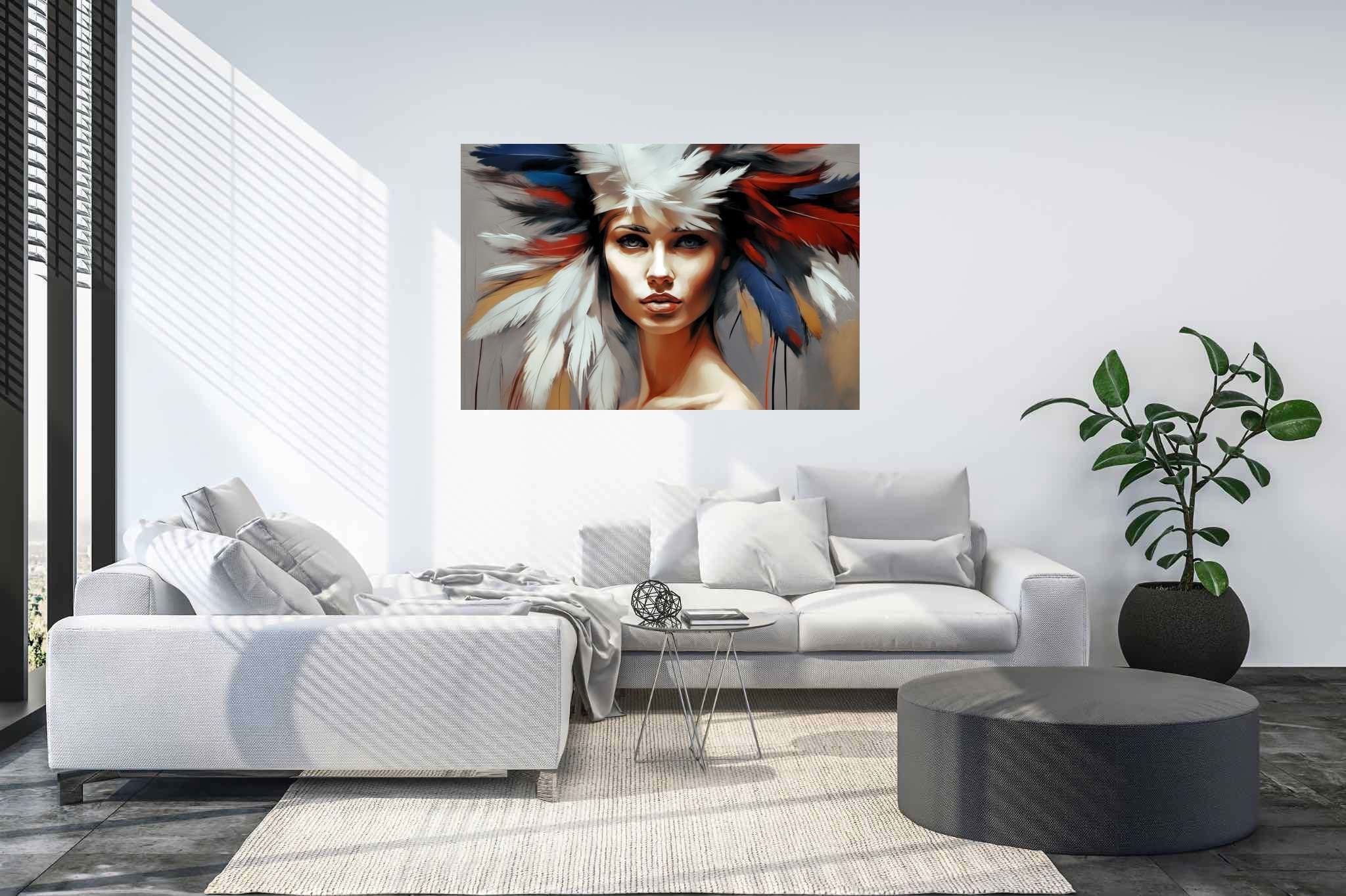 Soul gaze in feathered hue: Vibrant portrait art with dynamic art, in a room with modern style, gallery-quality artwork, and interior decorations. The art can be printed on poster, framed poster, canvas, metal, acrylic or wood, exclusively at WallArtZen. Find this exact print at https://wallartzen.com/waz49