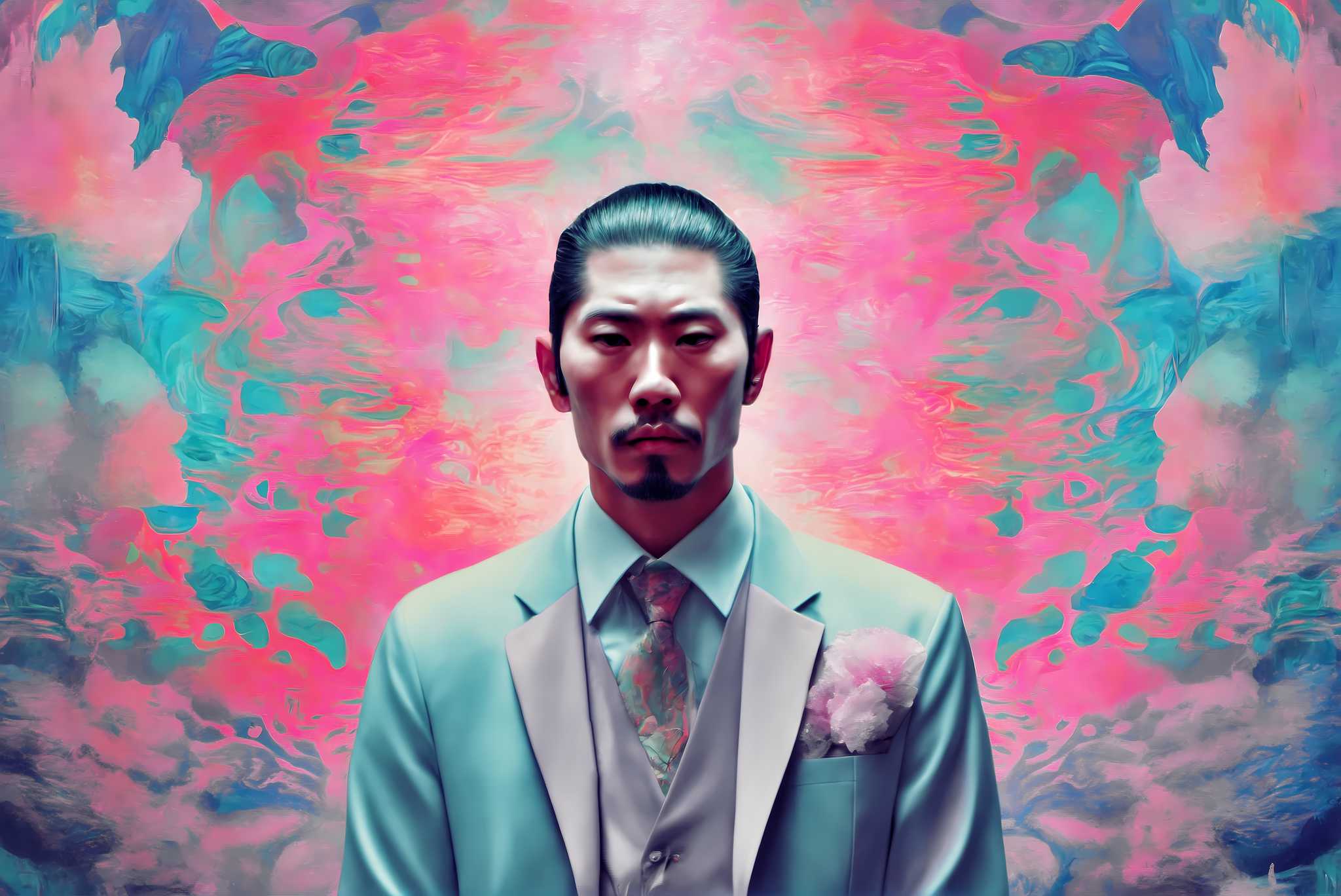 Dreamscape dandy in pink: Surreal art with subconscious expressions, in a room with classic elegance, wall art, and interior decorations. The art can be printed on poster, framed poster, canvas, metal, acrylic or wood, exclusively at WallArtZen. Find this exact print at https://wallartzen.com/waz50