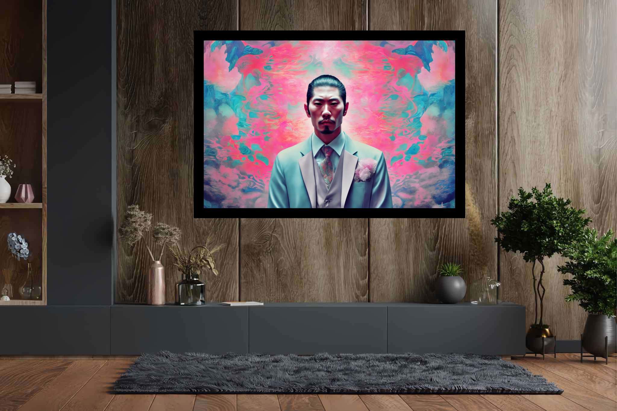 Dreamscape dandy in pink: Surreal art with whimsical artworks, in a room with classic elegance, abstract paintings, and stylish accessories. The art can be printed on poster, framed poster, canvas, metal, acrylic or wood, exclusively at WallArtZen. Find this exact print at https://wallartzen.com/waz50