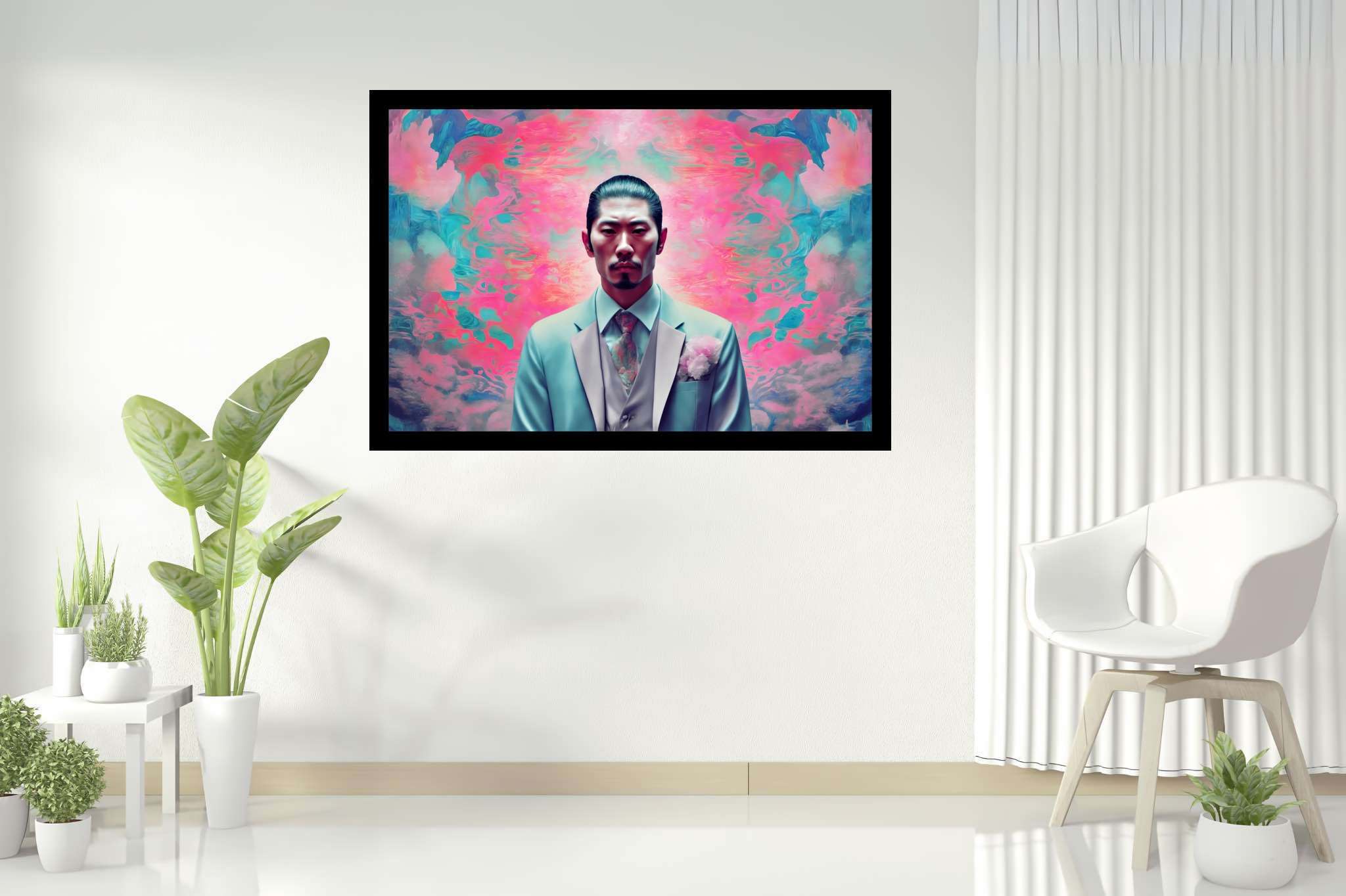 Dreamscape dandy in pink: Surreal art with fantastical illustrations, in a room with innovative layout, wall art, and luxe decor. The art can be printed on poster, framed poster, canvas, metal, acrylic or wood, exclusively at WallArtZen. Find this exact print at https://wallartzen.com/waz50