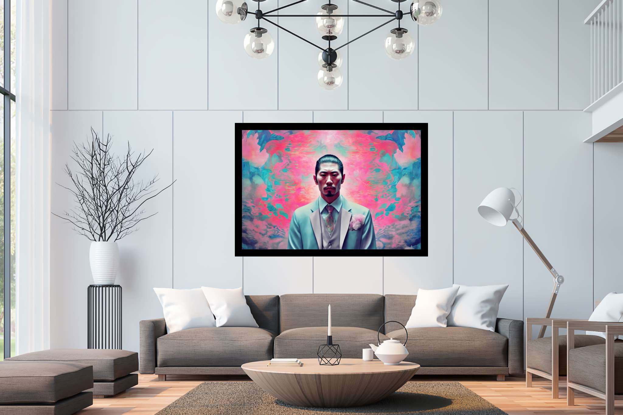 Dreamscape dandy in pink: Surreal art with unconventional visions, in a room with innovative layout, fine art prints, and elegant home goods. The art can be printed on poster, framed poster, canvas, metal, acrylic or wood, exclusively at WallArtZen. Find this exact print at https://wallartzen.com/waz50