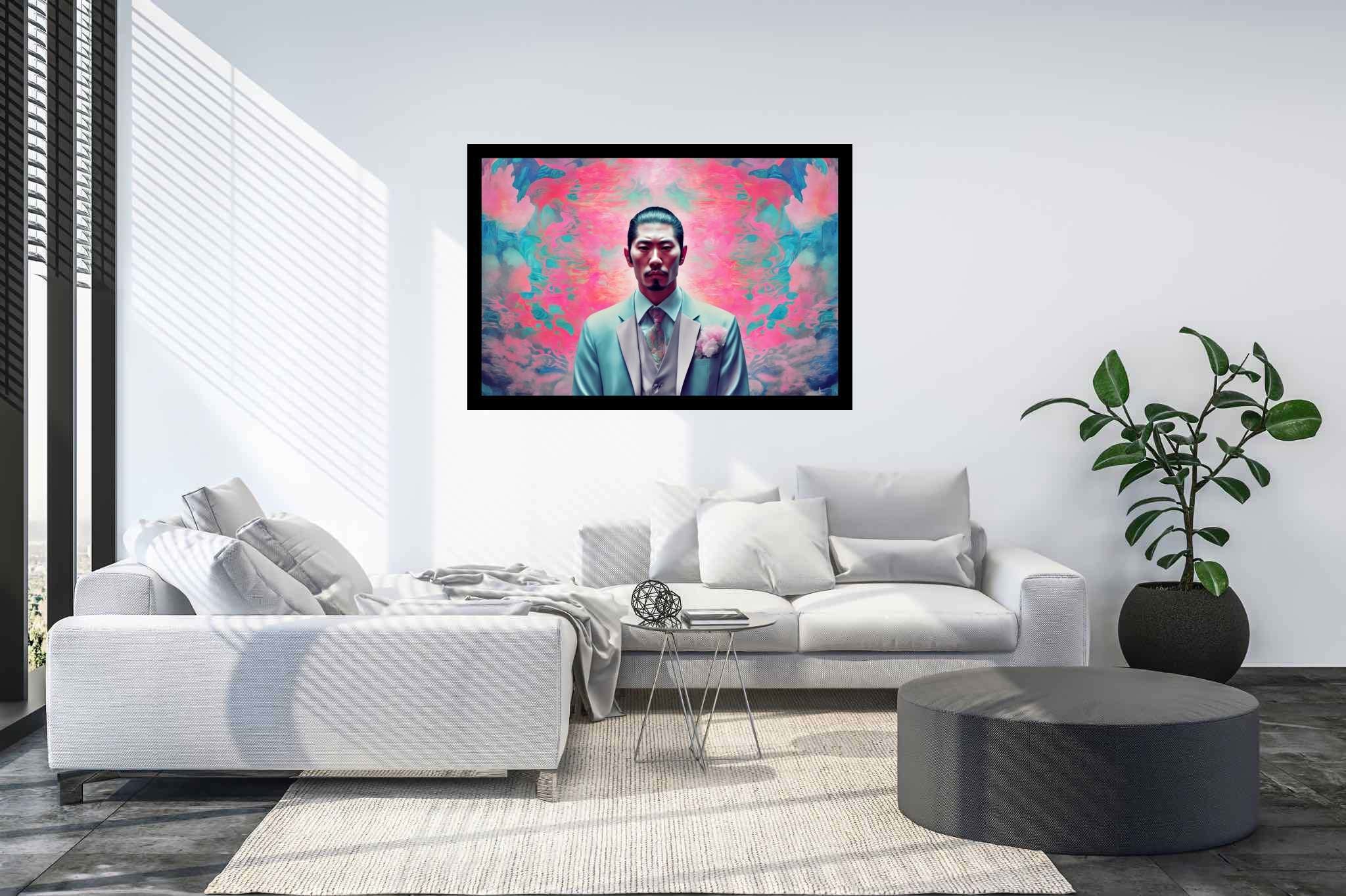 Dreamscape dandy in pink: Surreal art with symbolism in art, in a room with chic decor, photographic wall art, and stylish accessories. The art can be printed on poster, framed poster, canvas, metal, acrylic or wood, exclusively at WallArtZen. Find this exact print at https://wallartzen.com/waz50