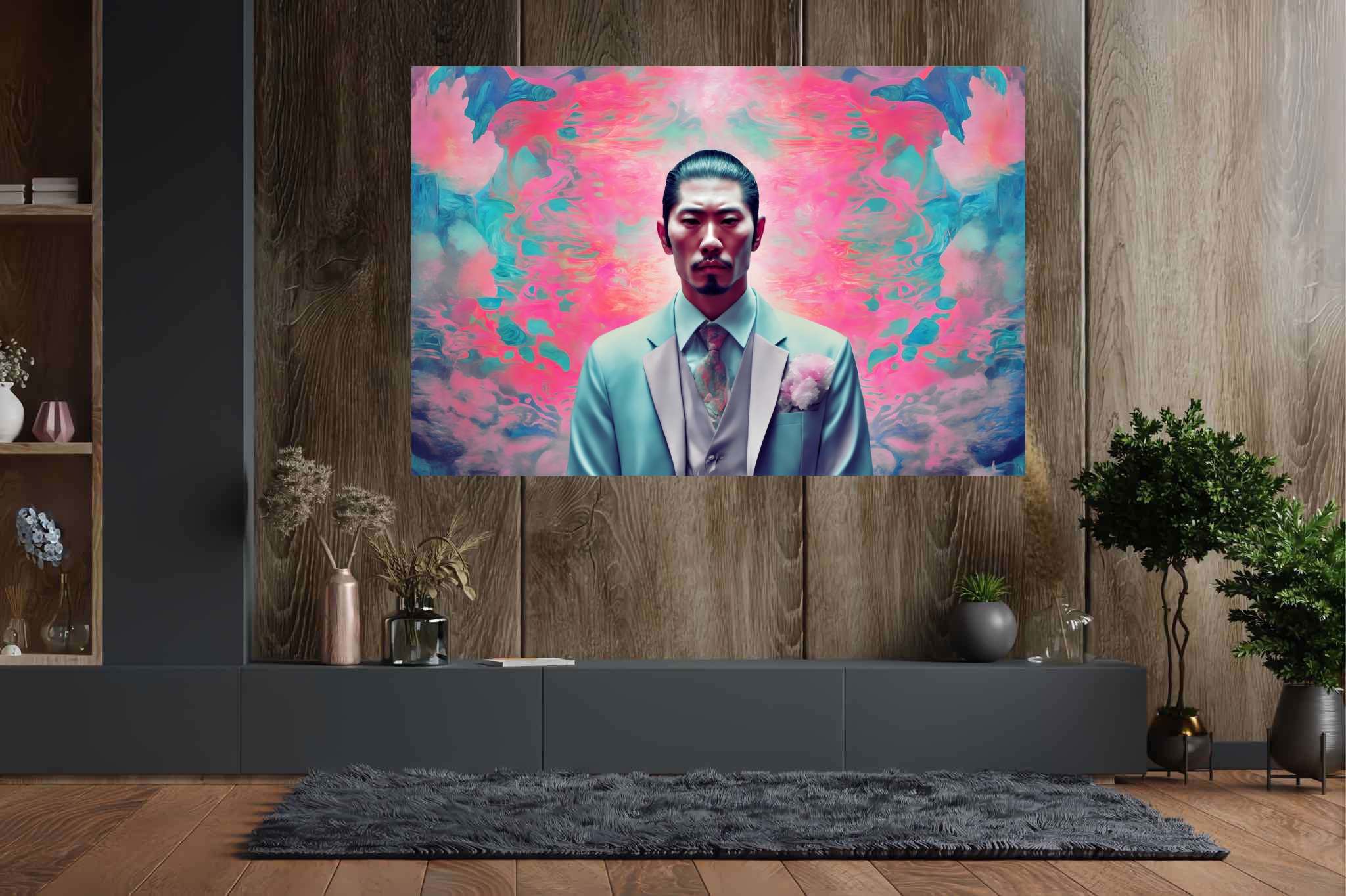 Dreamscape dandy in pink: Surreal art with abstract imagination, in a room with innovative layout, wall art, and artisan decor. The art can be printed on poster, framed poster, canvas, metal, acrylic or wood, exclusively at WallArtZen. Find this exact print at https://wallartzen.com/waz50