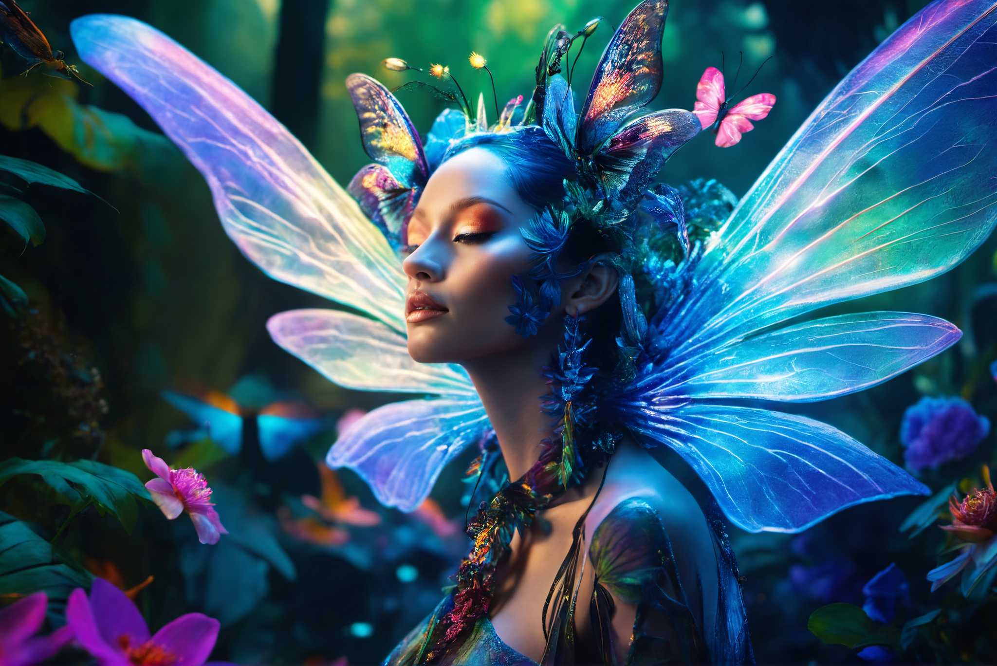 Butterfly enchantress dreamland: Whimsical art with fantastical sculptures, in a room with innovative layout, photographic wall art, and elegant home goods. The art can be printed on poster, framed poster, canvas, metal, acrylic or wood, exclusively at WallArtZen. Find this exact print at https://wallartzen.com/waz51