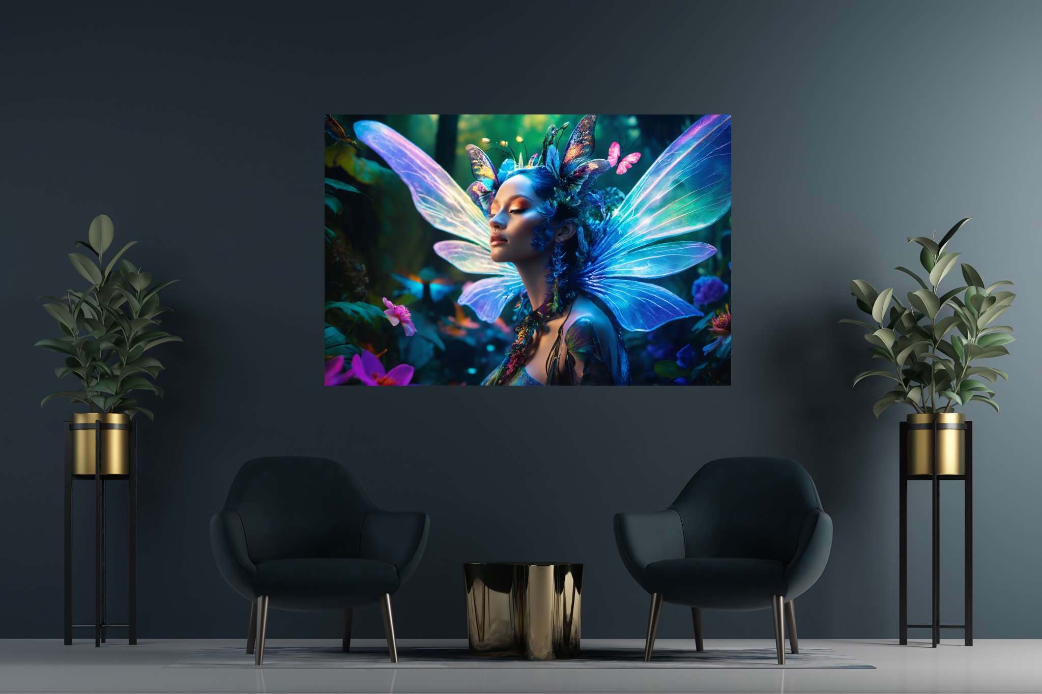 Butterfly enchantress dreamland: Whimsical art with whimsical art, in a room with innovative layout, digital art pieces, and luxe decor. The art can be printed on poster, framed poster, canvas, metal, acrylic or wood, exclusively at WallArtZen. Find this exact print at https://wallartzen.com/waz51