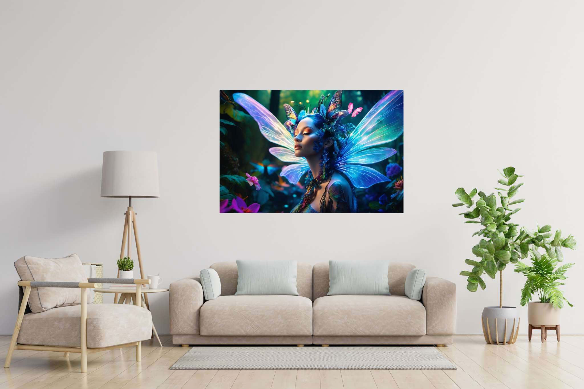Butterfly enchantress dreamland: Whimsical art with whimsy-inspired installations, in a room with elegant layout, digital art pieces, and decorative pieces. The art can be printed on poster, framed poster, canvas, metal, acrylic or wood, exclusively at WallArtZen. Find this exact print at https://wallartzen.com/waz51