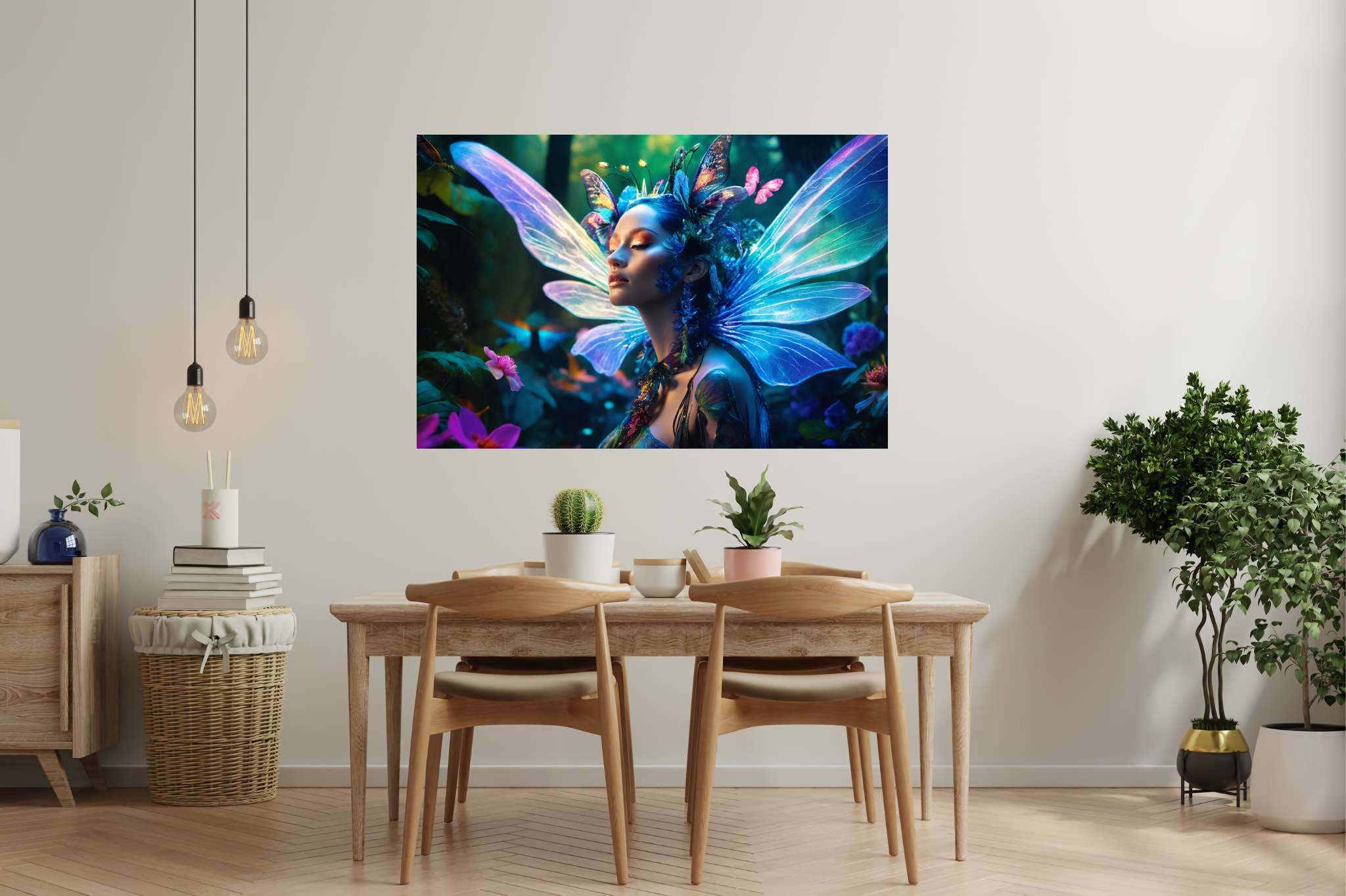 Butterfly enchantress dreamland: Whimsical art with whimsy-inspired creations, in a room with chic decor, digital art pieces, and interior decorations. The art can be printed on poster, framed poster, canvas, metal, acrylic or wood, exclusively at WallArtZen. Find this exact print at https://wallartzen.com/waz51