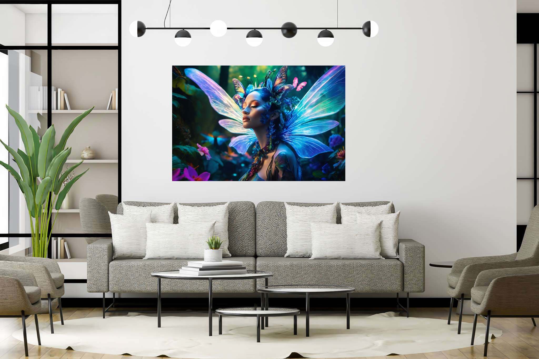 Butterfly enchantress dreamland: Whimsical art with whimsical characters, in a room with urban design, digital art pieces, and elegant home goods. The art can be printed on poster, framed poster, canvas, metal, acrylic or wood, exclusively at WallArtZen. Find this exact print at https://wallartzen.com/waz51
