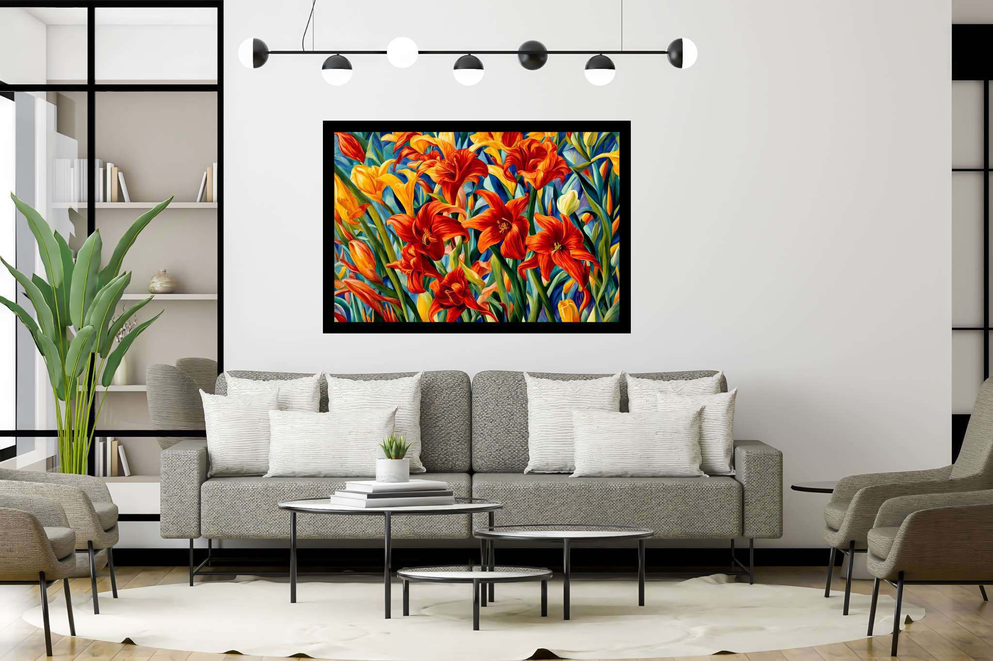 Bloom symphony serenade: Vibrant garden art with vibrant garden design, in a room with classic elegance, gallery-quality artwork, and luxe decor. The art can be printed on poster, framed poster, canvas, metal, acrylic or wood, exclusively at WallArtZen. Find this exact print at https://wallartzen.com/waz52