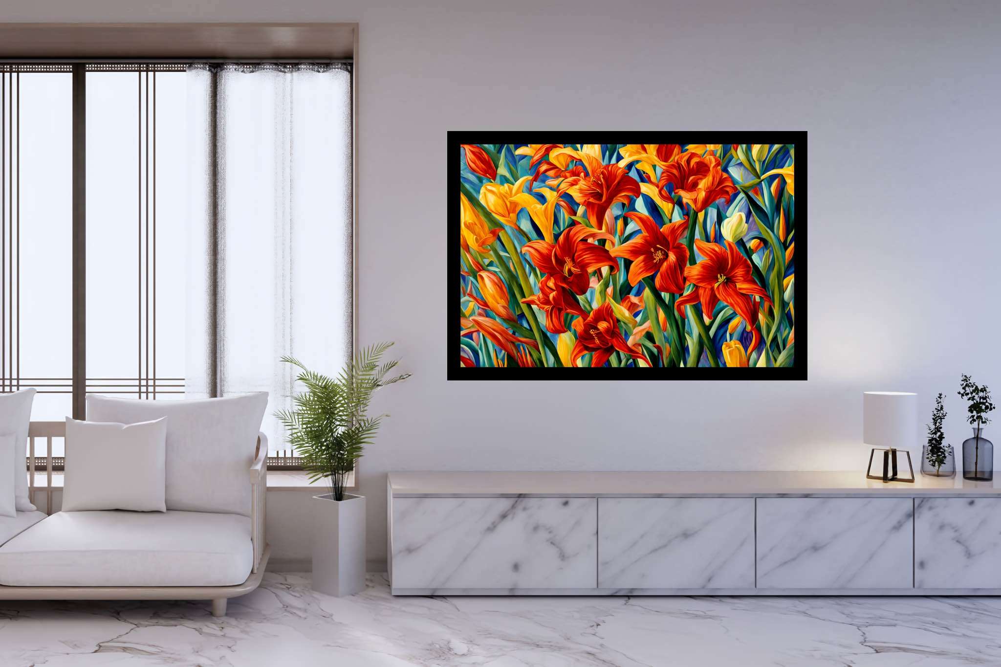 Bloom symphony serenade: Vibrant garden art with vibrant garden photography, in a room with classic elegance, wall hangings, and trendy home accents. The art can be printed on poster, framed poster, canvas, metal, acrylic or wood, exclusively at WallArtZen. Find this exact print at https://wallartzen.com/waz52