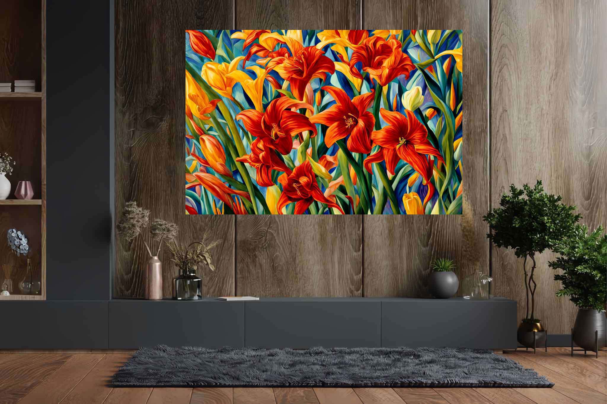 Bloom symphony serenade: Vibrant garden art with vibrant garden photography, in a room with minimalist approach, canvas prints, and decorative pieces. The art can be printed on poster, framed poster, canvas, metal, acrylic or wood, exclusively at WallArtZen. Find this exact print at https://wallartzen.com/waz52