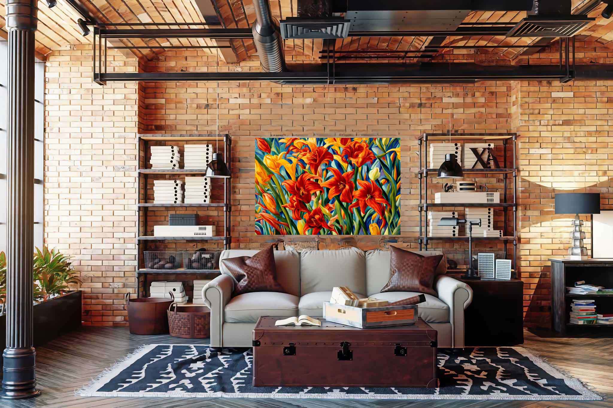 Bloom symphony serenade: Vibrant garden art with vibrant outdoor paintings, in a room with great design, mural artworks, and designer furniture. The art can be printed on poster, framed poster, canvas, metal, acrylic or wood, exclusively at WallArtZen. Find this exact print at https://wallartzen.com/waz52