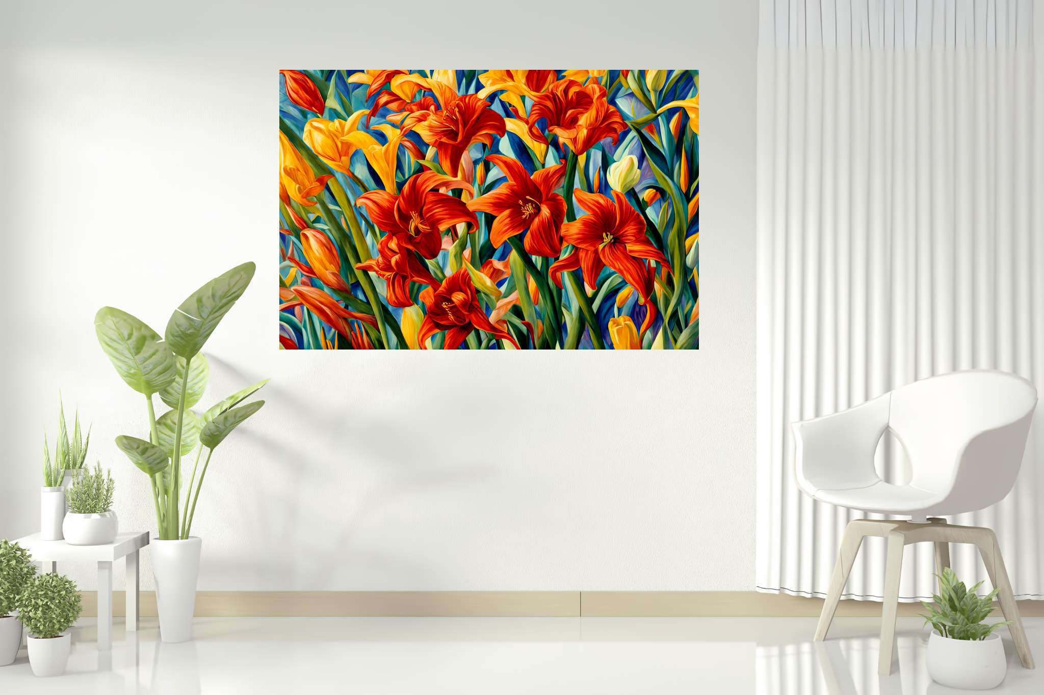 Bloom symphony serenade: Vibrant garden art with lively garden decor, in a room with artistic style, bespoke art designs, and luxe decor. The art can be printed on poster, framed poster, canvas, metal, acrylic or wood, exclusively at WallArtZen. Find this exact print at https://wallartzen.com/waz52