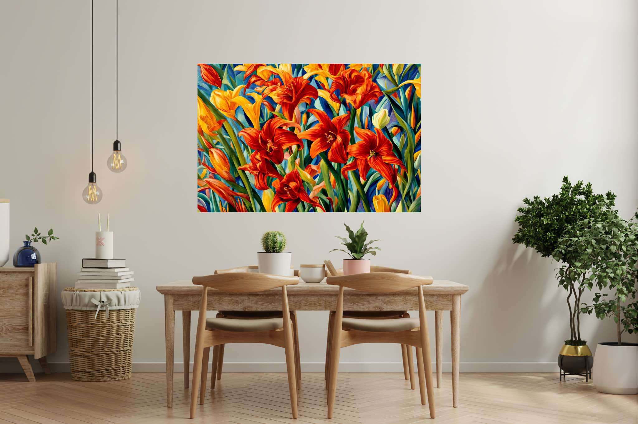 Bloom symphony serenade: Vibrant garden art with vibrant garden art, in a room with innovative layout, fine art prints, and luxe decor. The art can be printed on poster, framed poster, canvas, metal, acrylic or wood, exclusively at WallArtZen. Find this exact print at https://wallartzen.com/waz52