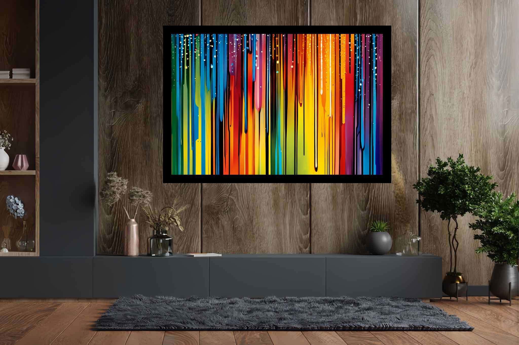 Chromatic symphony unleashed: Colorful abstract art with colorful compositions, in a room with classic elegance, canvas prints, and home styling items. The art can be printed on poster, framed poster, canvas, metal, acrylic or wood, exclusively at WallArtZen. Find this exact print at https://wallartzen.com/waz54