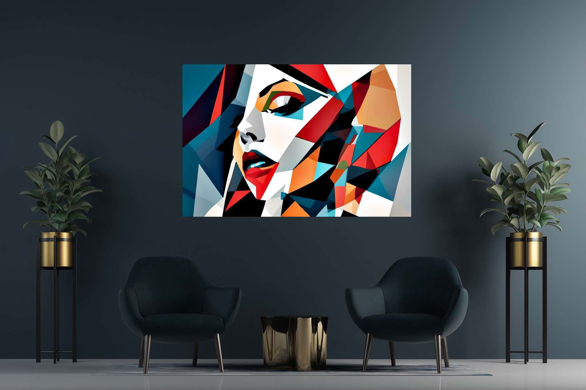Kaleidoscope gaze: Vibrant portrait art with vibrant portrait art, in a room with contemporary flair, bespoke art designs, and designer furniture. The art can be printed on poster, framed poster, canvas, metal, acrylic or wood, exclusively at WallArtZen. Find this exact print at https://wallartzen.com/waz55