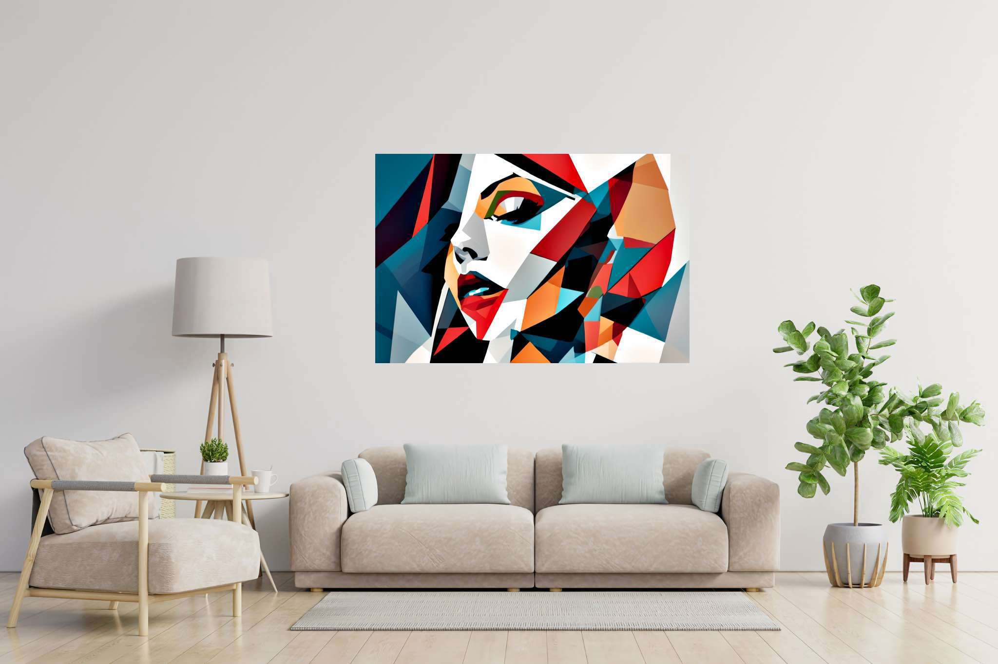 Kaleidoscope gaze: Vibrant portrait art with colorful portraits, in a room with minimalist approach, photographic wall art, and luxe decor. The art can be printed on poster, framed poster, canvas, metal, acrylic or wood, exclusively at WallArtZen. Find this exact print at https://wallartzen.com/waz55