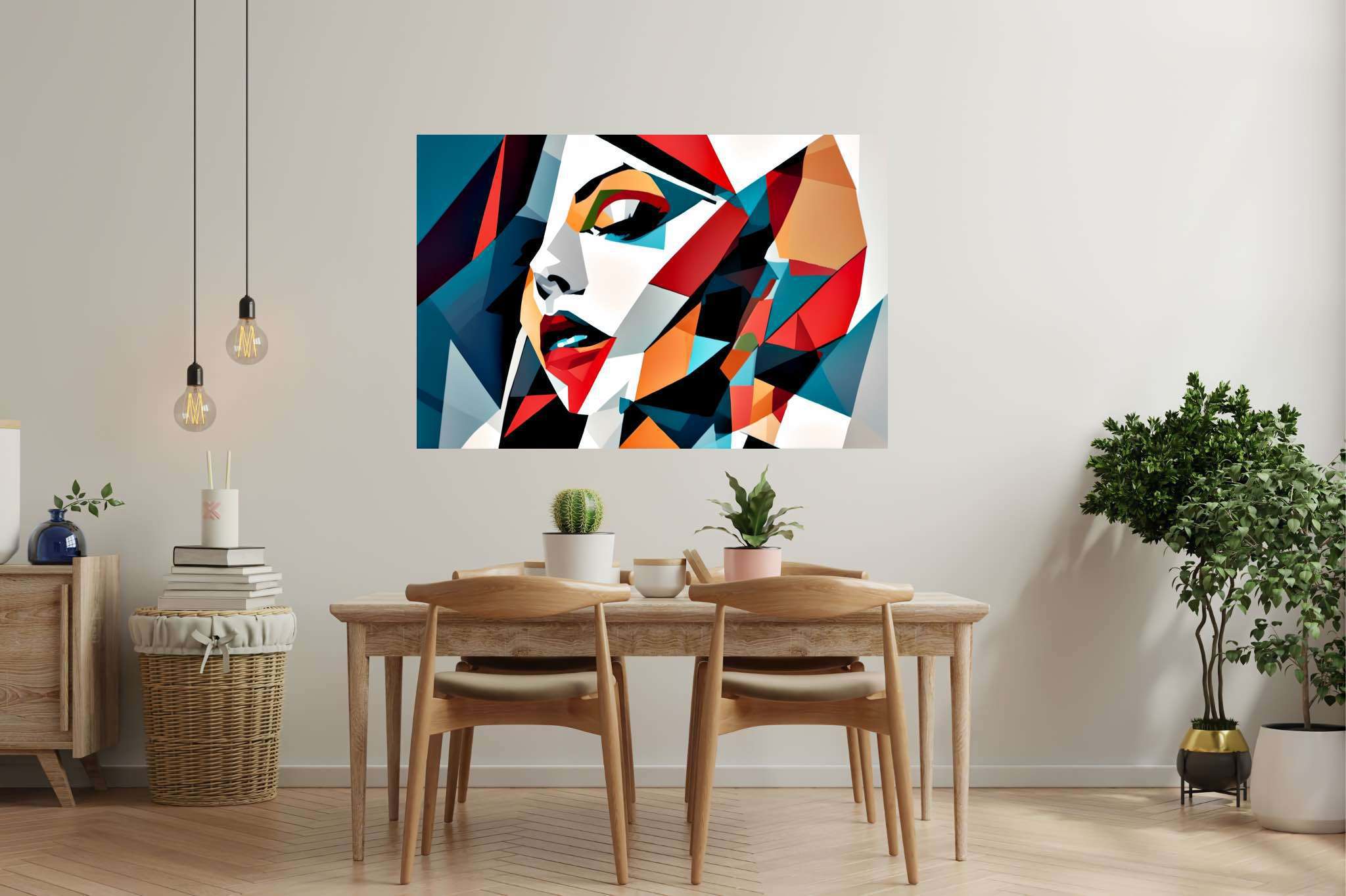 Kaleidoscope gaze: Vibrant portrait art with colorful portraits, in a room with chic decor, gallery-quality artwork, and interior decorations. The art can be printed on poster, framed poster, canvas, metal, acrylic or wood, exclusively at WallArtZen. Find this exact print at https://wallartzen.com/waz55