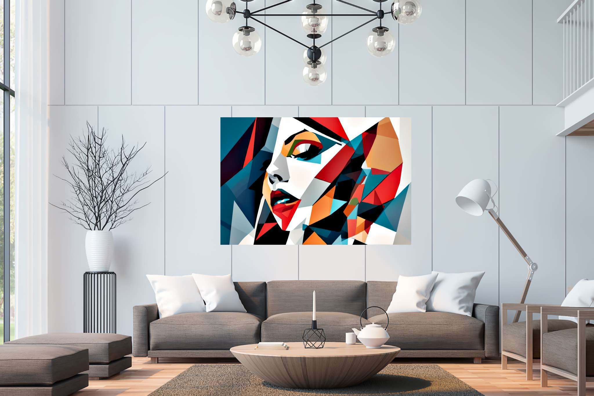 Kaleidoscope gaze: Vibrant portrait art with vibrant portrait photography, in a room with contemporary flair, wall art, and home furnishings. The art can be printed on poster, framed poster, canvas, metal, acrylic or wood, exclusively at WallArtZen. Find this exact print at https://wallartzen.com/waz55