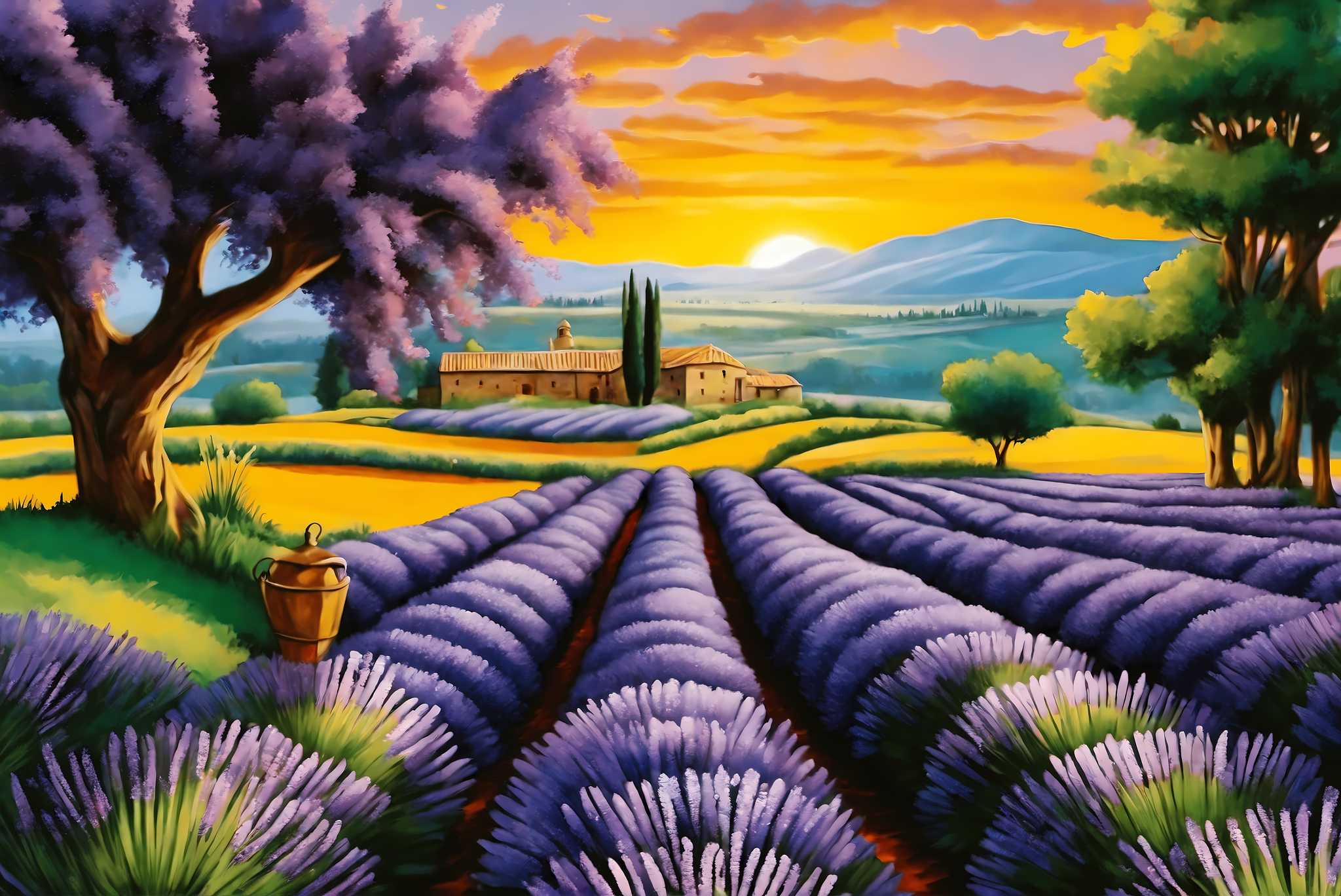 Lavender dreamscape serenity: Purple flower art with botanical art, in a room with chic decor, canvas prints, and home furnishings. The art can be printed on poster, framed poster, canvas, metal, acrylic or wood, exclusively at WallArtZen. Find this exact print at https://wallartzen.com/waz56