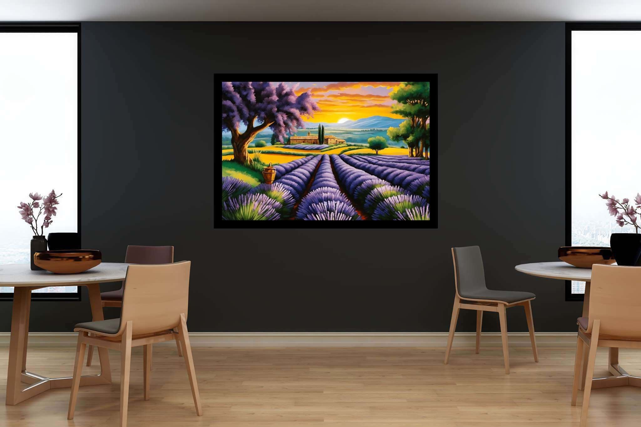 Lavender dreamscape serenity: Purple flower art with flower-themed artwork, in a room with contemporary flair, bespoke art designs, and interior decorations. The art can be printed on poster, framed poster, canvas, metal, acrylic or wood, exclusively at WallArtZen. Find this exact print at https://wallartzen.com/waz56