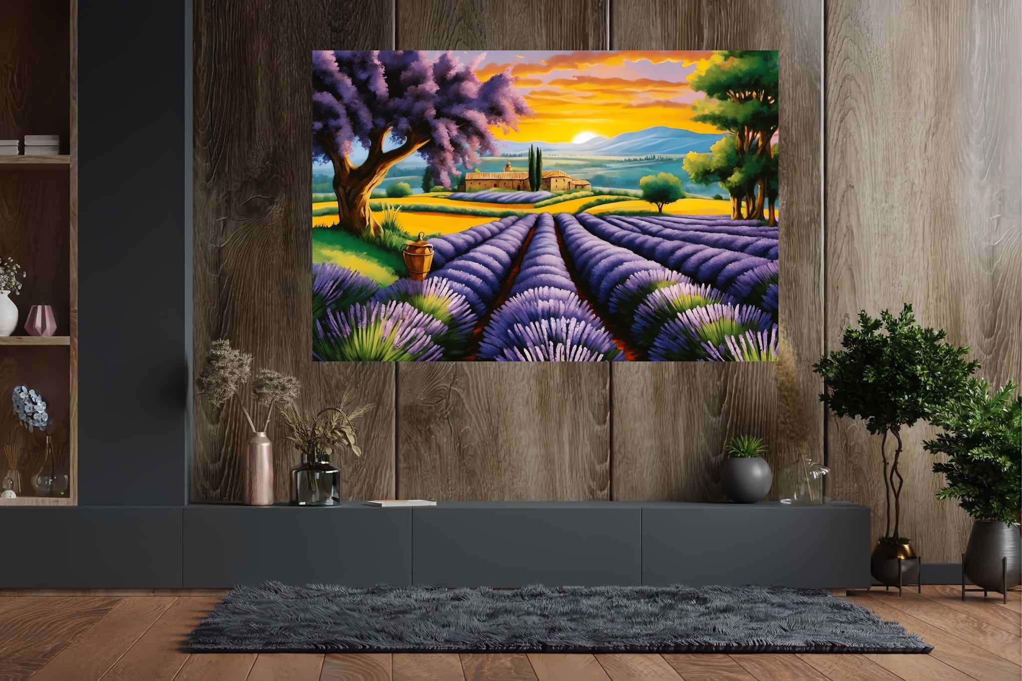 Lavender dreamscape serenity: Purple flower art with abstract floral, in a room with minimalist approach, fine art prints, and interior decorations. The art can be printed on poster, framed poster, canvas, metal, acrylic or wood, exclusively at WallArtZen. Find this exact print at https://wallartzen.com/waz56