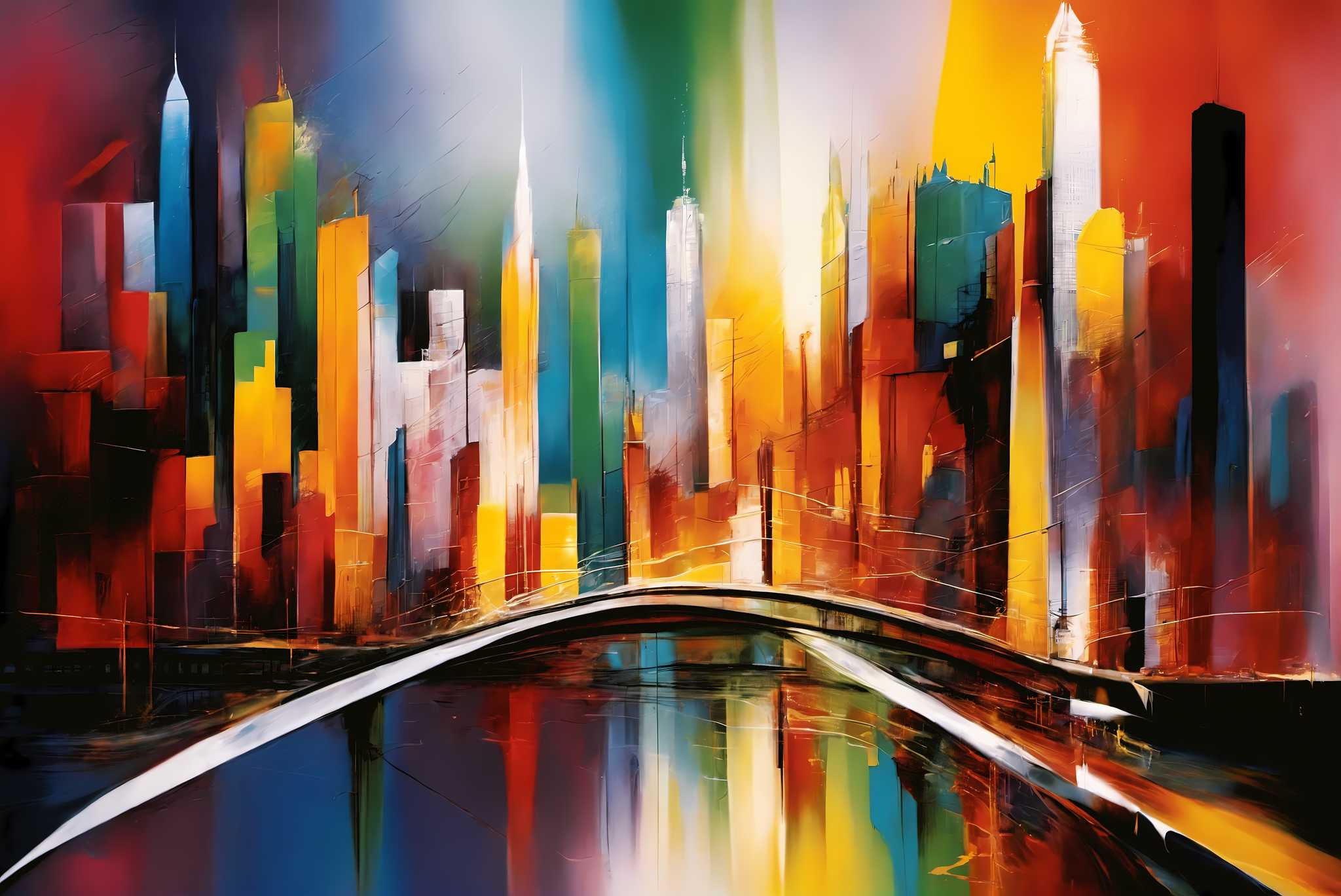 City lights serenade: Vibrant cityscape art with vibrant cityscape posters, in a room with artistic style, wall art, and interior decorations. The art can be printed on poster, framed poster, canvas, metal, acrylic or wood, exclusively at WallArtZen. Find this exact print at https://wallartzen.com/waz57