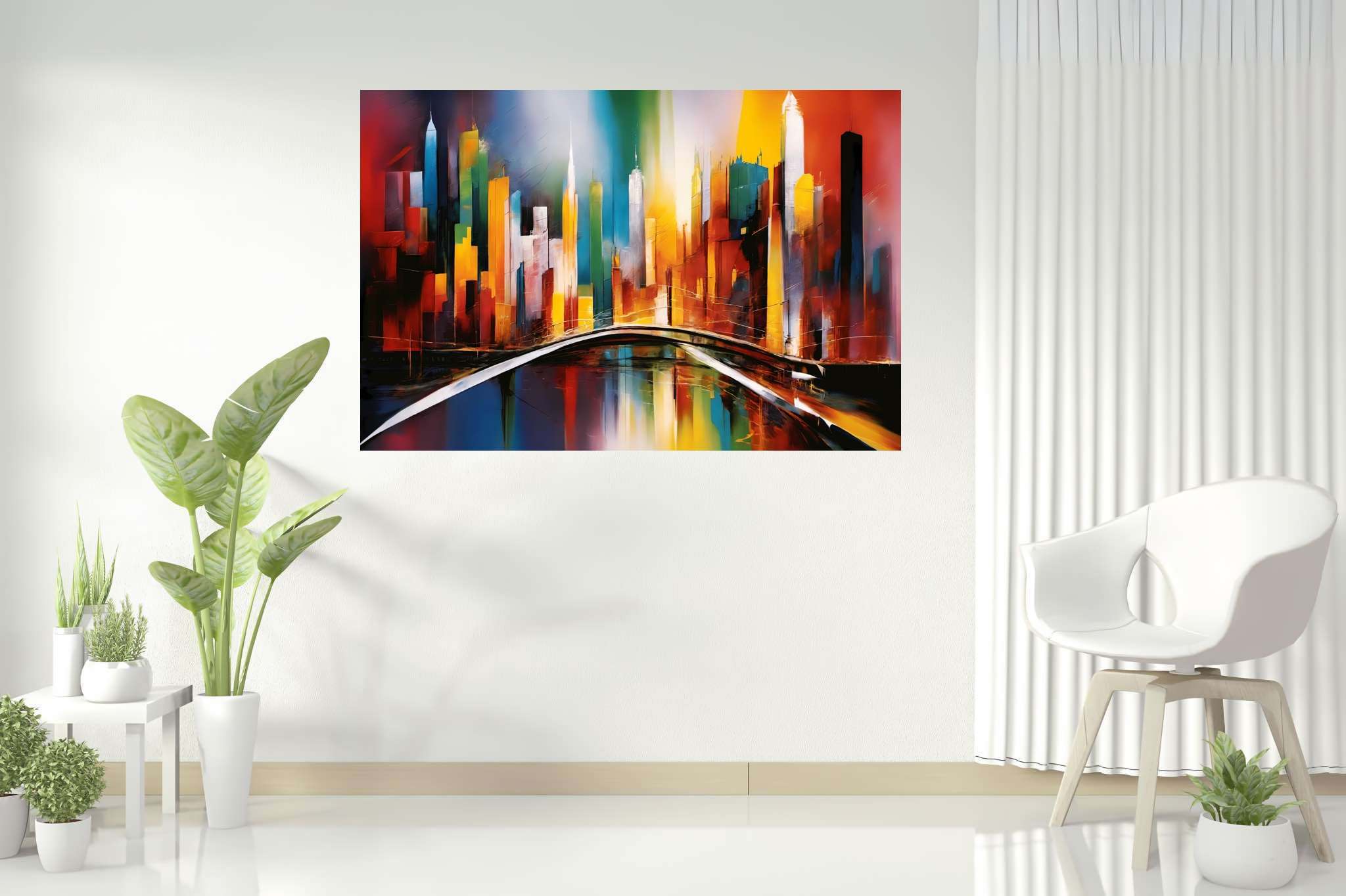 City lights serenade: Vibrant cityscape art with vibrant cityscape photography, in a room with modern style, abstract paintings, and designer furniture. The art can be printed on poster, framed poster, canvas, metal, acrylic or wood, exclusively at WallArtZen. Find this exact print at https://wallartzen.com/waz57