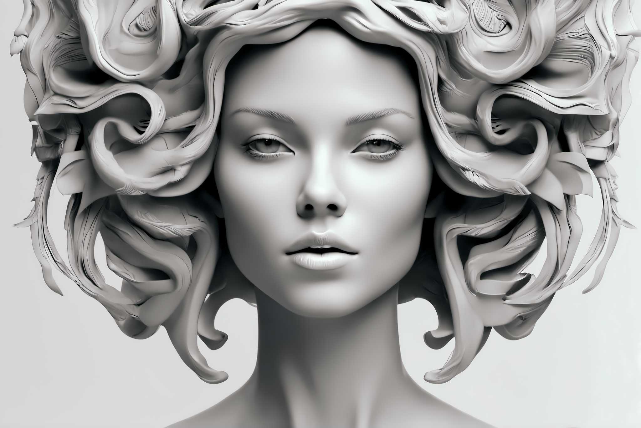 Elegance in silence: Sculpture art with sculpted elegance, in a room with innovative layout, mural artworks, and decorative pieces. The art can be printed on poster, framed poster, canvas, metal, acrylic or wood, exclusively at WallArtZen. Find this exact print at https://wallartzen.com/waz58
