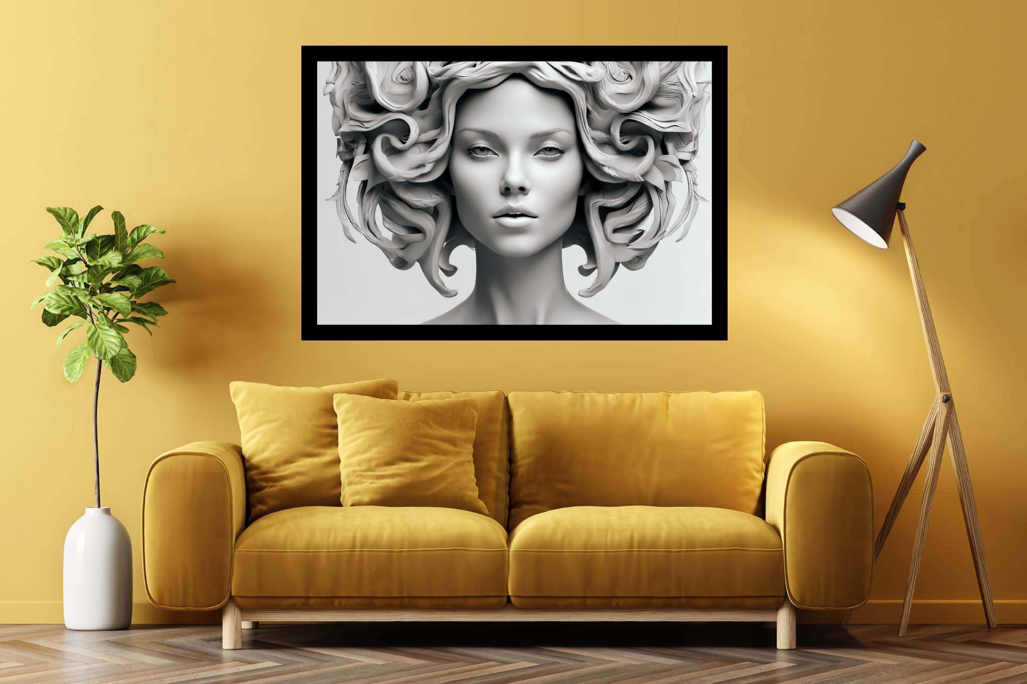 Elegance in silence: Sculpture art with figurative sculpture, in a room with urban design, wall art, and trendy home accents. The art can be printed on poster, framed poster, canvas, metal, acrylic or wood, exclusively at WallArtZen. Find this exact print at https://wallartzen.com/waz58