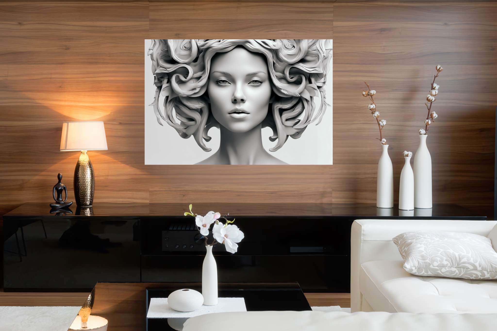 Elegance in silence: Sculpture art with abstract sculpture, in a room with innovative layout, wall art, and elegant home goods. The art can be printed on poster, framed poster, canvas, metal, acrylic or wood, exclusively at WallArtZen. Find this exact print at https://wallartzen.com/waz58