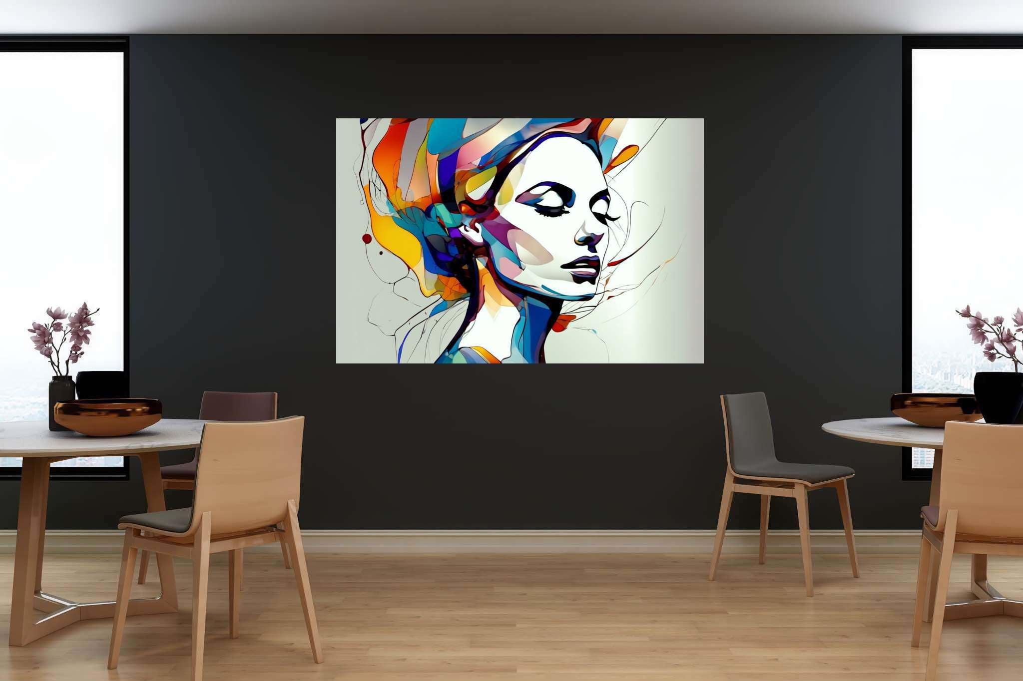 Slumbering muse amidst zephyrs: Dreamy portrait art with dreamy portrait art, in a room with classic elegance, canvas prints, and designer furniture. The art can be printed on poster, framed poster, canvas, metal, acrylic or wood, exclusively at WallArtZen. Find this exact print at https://wallartzen.com/waz59