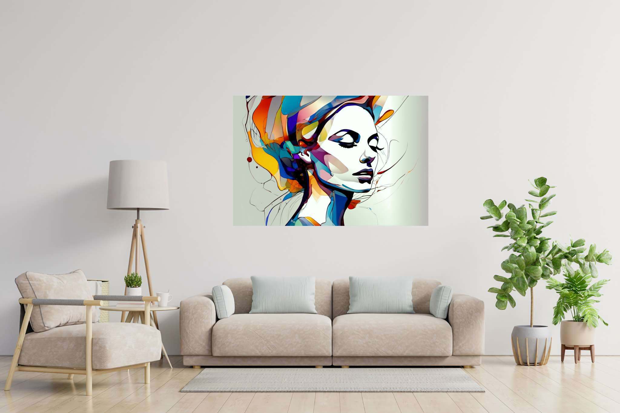 Slumbering muse amidst zephyrs: Dreamy portrait art with imaginative portraits, in a room with innovative layout, canvas prints, and decorative pieces. The art can be printed on poster, framed poster, canvas, metal, acrylic or wood, exclusively at WallArtZen. Find this exact print at https://wallartzen.com/waz59