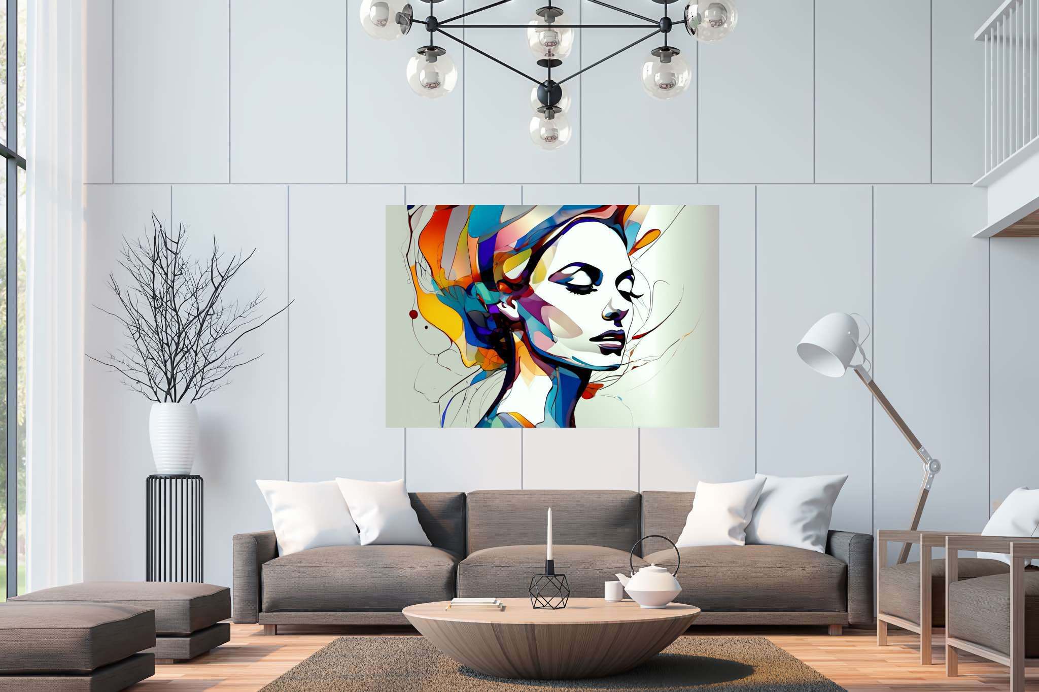 Slumbering muse amidst zephyrs: Dreamy portrait art with evocative paintings, in a room with minimalist approach, wall art, and home styling items. The art can be printed on poster, framed poster, canvas, metal, acrylic or wood, exclusively at WallArtZen. Find this exact print at https://wallartzen.com/waz59