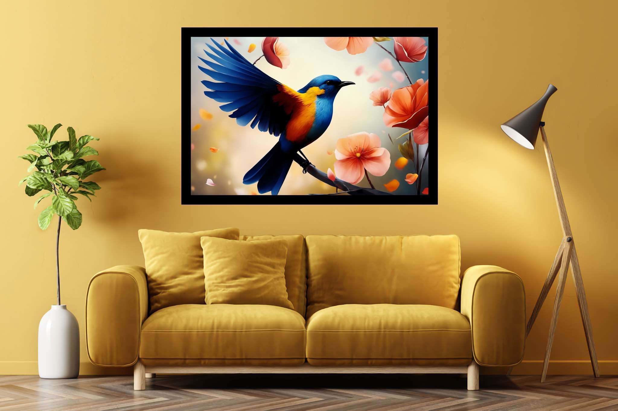 Chroma perch sonata: Bird art with feathered art, in a room with innovative layout, digital art pieces, and luxe decor. The art can be printed on poster, framed poster, canvas, metal, acrylic or wood, exclusively at WallArtZen. Find this exact print at https://wallartzen.com/waz5