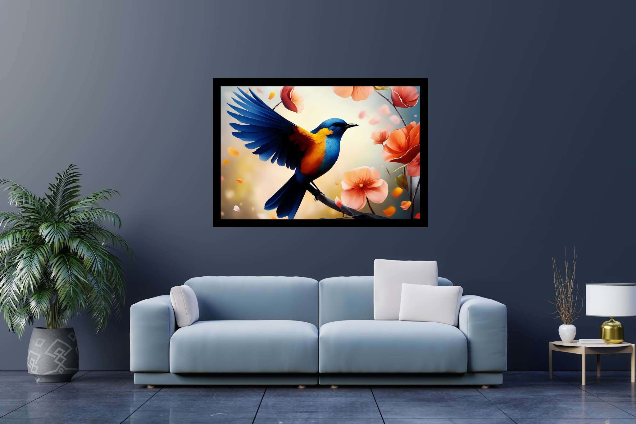 Chroma perch sonata: Bird art with bird illustrations, in a room with chic decor, mural artworks, and luxe decor. The art can be printed on poster, framed poster, canvas, metal, acrylic or wood, exclusively at WallArtZen. Find this exact print at https://wallartzen.com/waz5